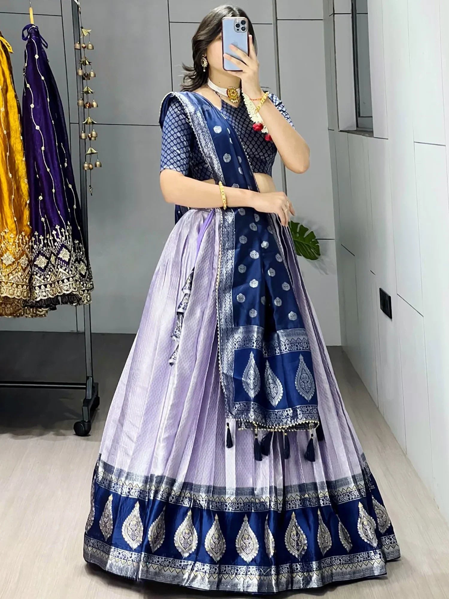 Great Purple And Blue Zari Weaving Silk Wedding Wear Lehenga Choli