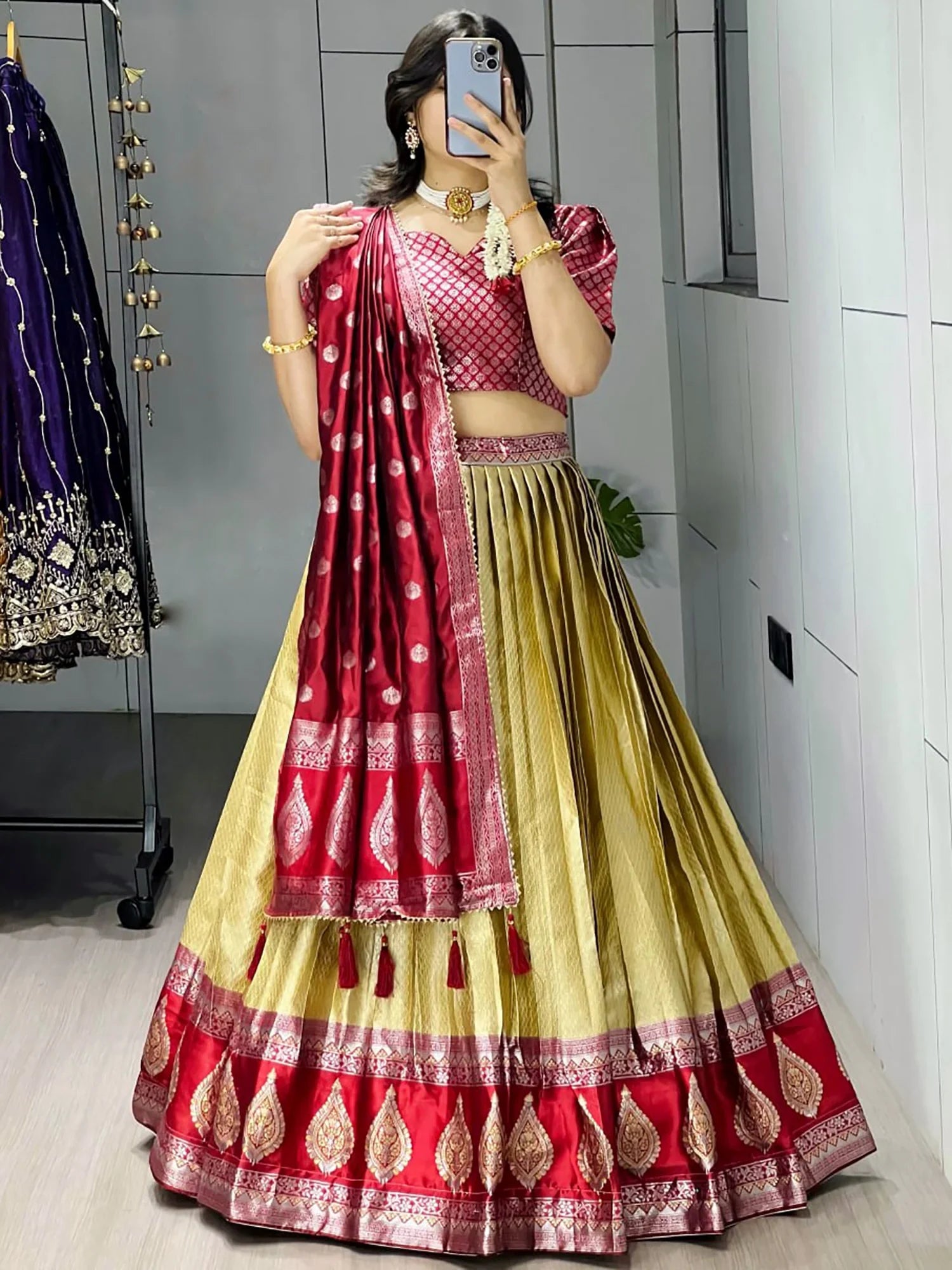 Lovely Green And Red Zari Weaving Silk Function Wear Lehenga Choli