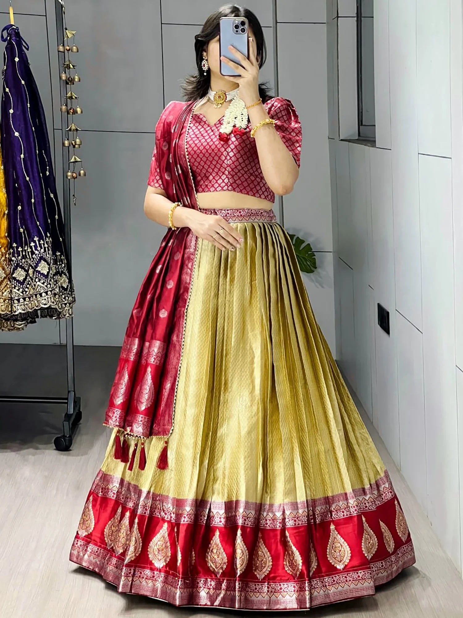 Lovely Green And Red Zari Weaving Silk Function Wear Lehenga Choli