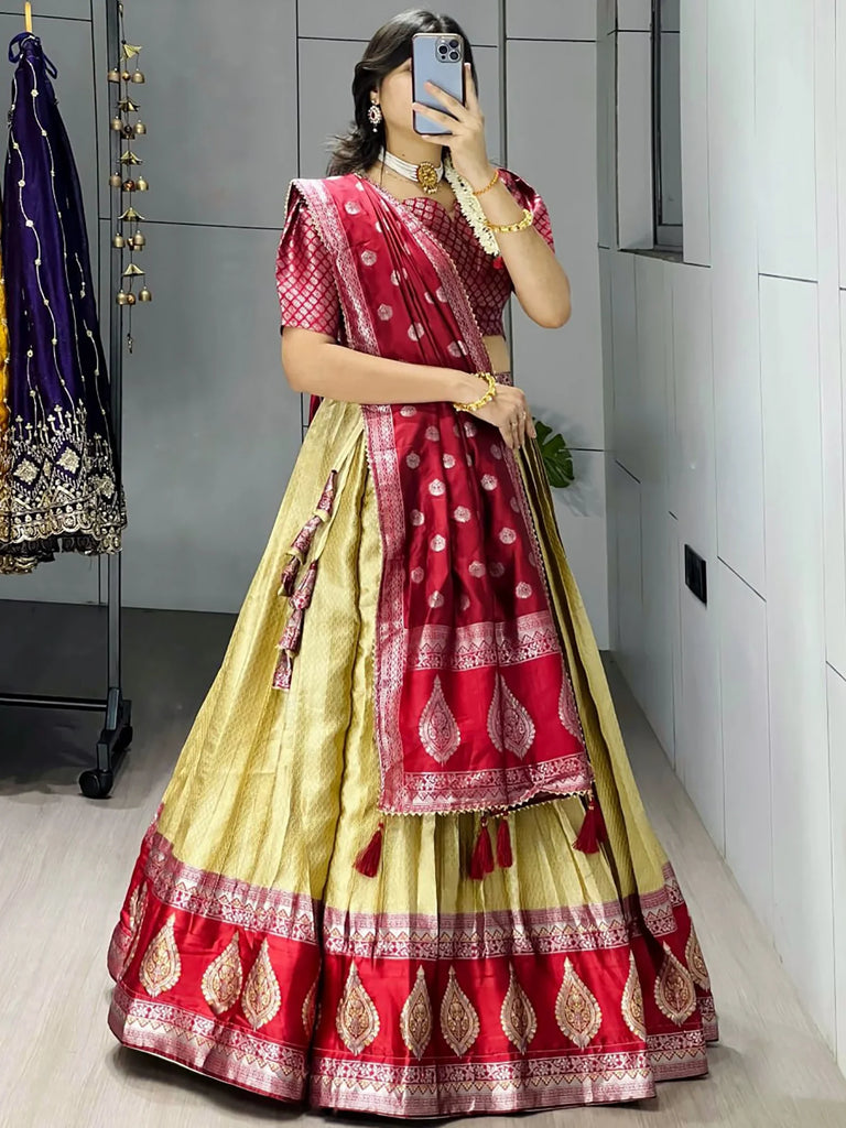 Lovely Green And Red Zari Weaving Silk Function Wear Lehenga Choli