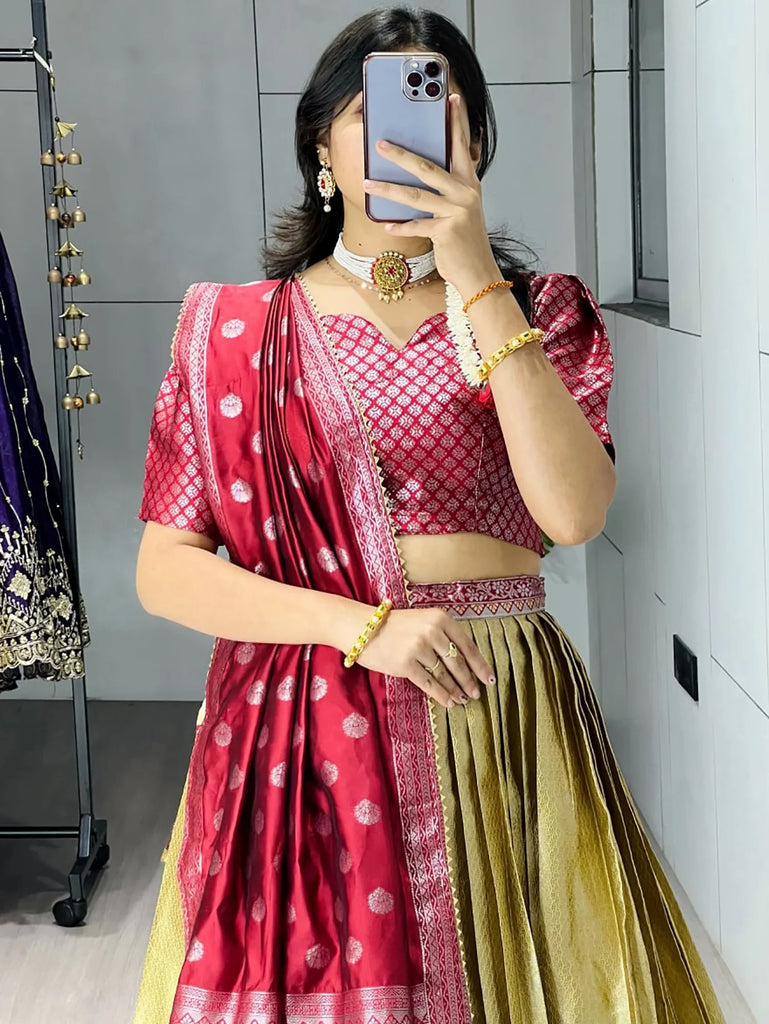 Lovely Green And Red Zari Weaving Silk Function Wear Lehenga Choli