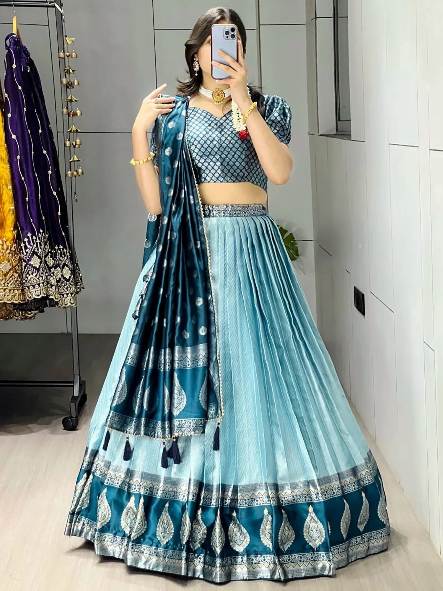 Impressive Blue Zari Weaving Silk Function Wear Lehenga Choli