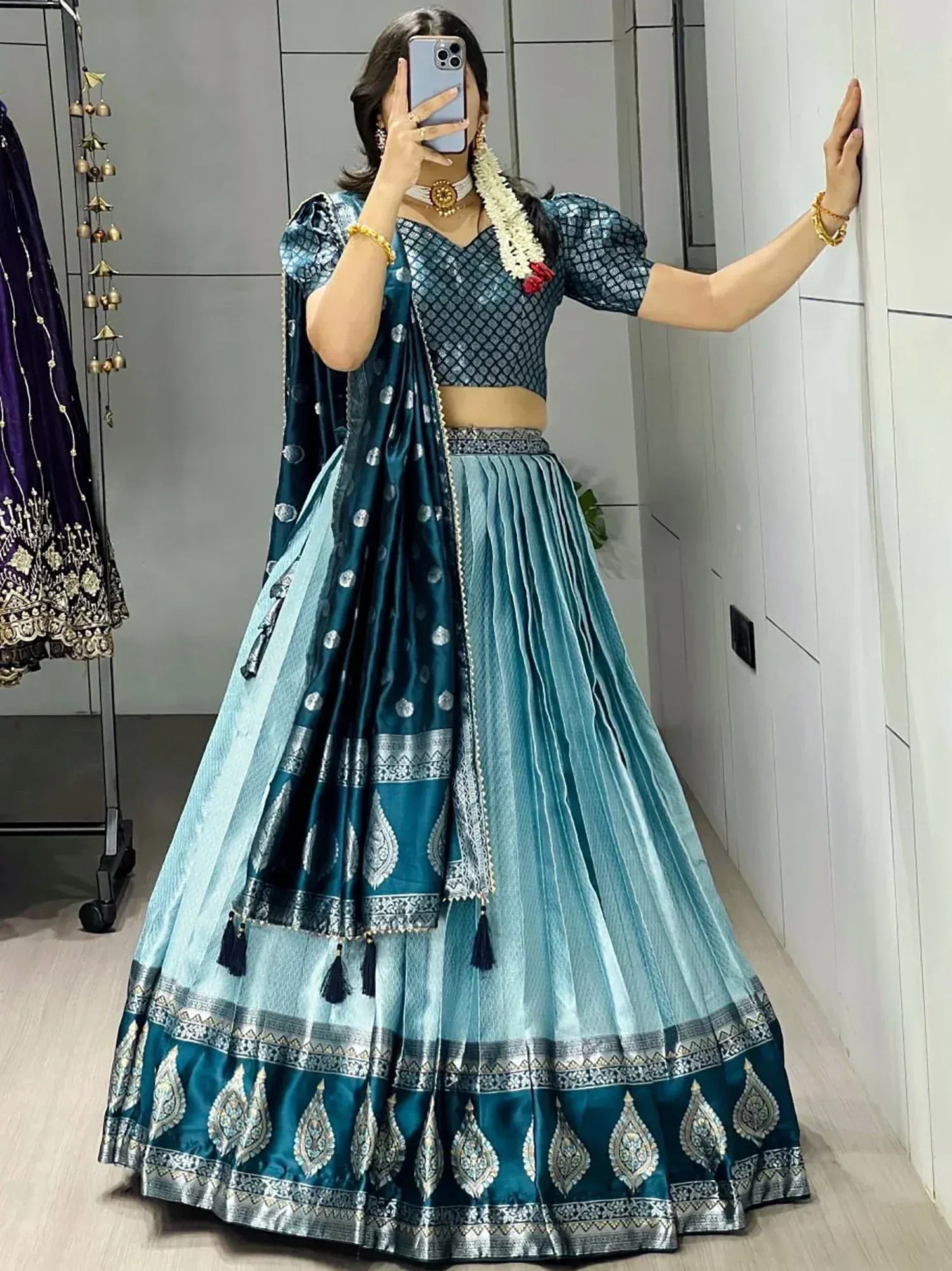 Impressive Blue Zari Weaving Silk Function Wear Lehenga Choli