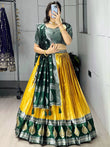Stylish Yellow And Green Zari Weaving Silk Haldi Wear Lehenga Choli