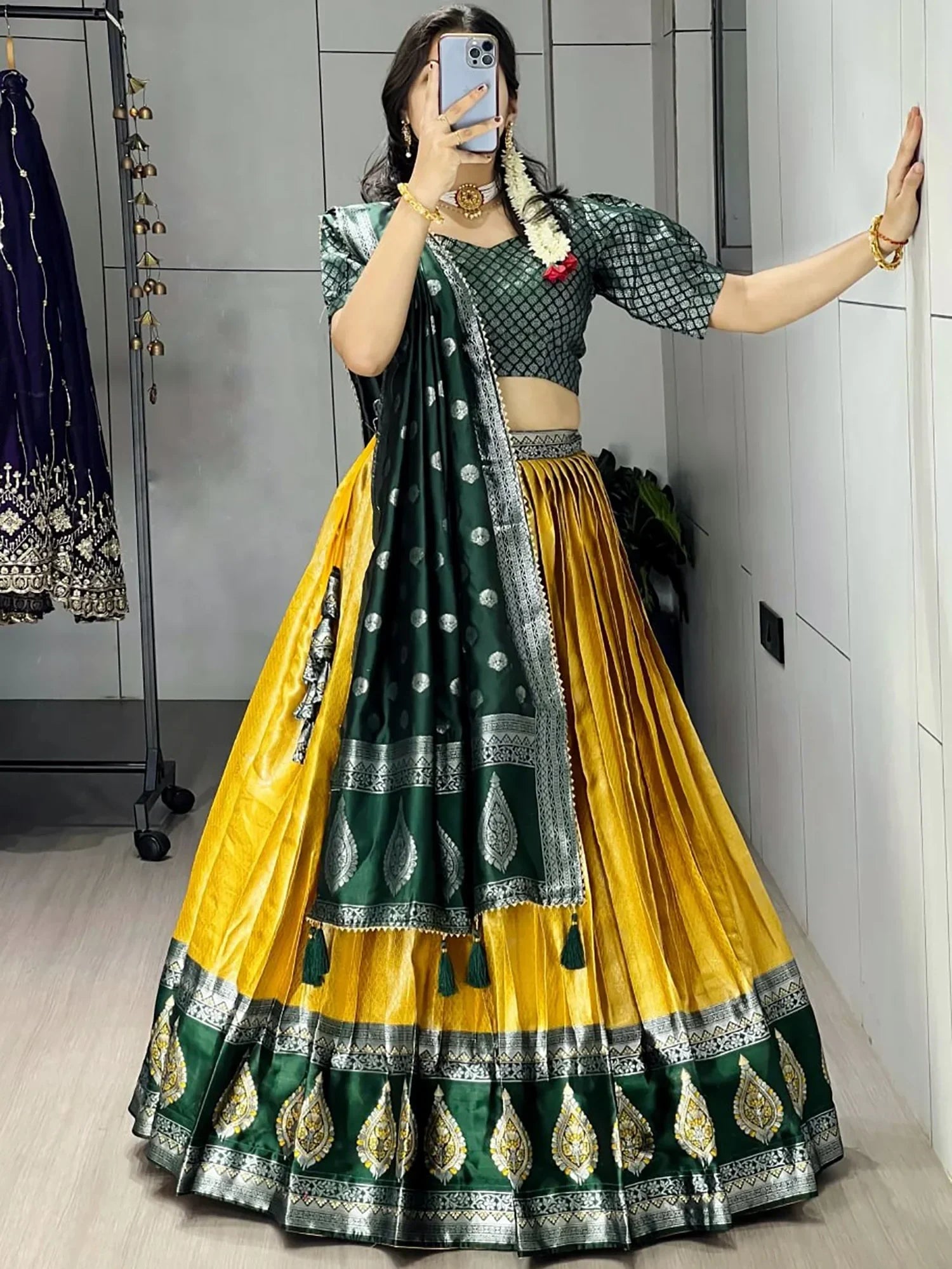 Stylish Yellow And Green Zari Weaving Silk Haldi Wear Lehenga Choli