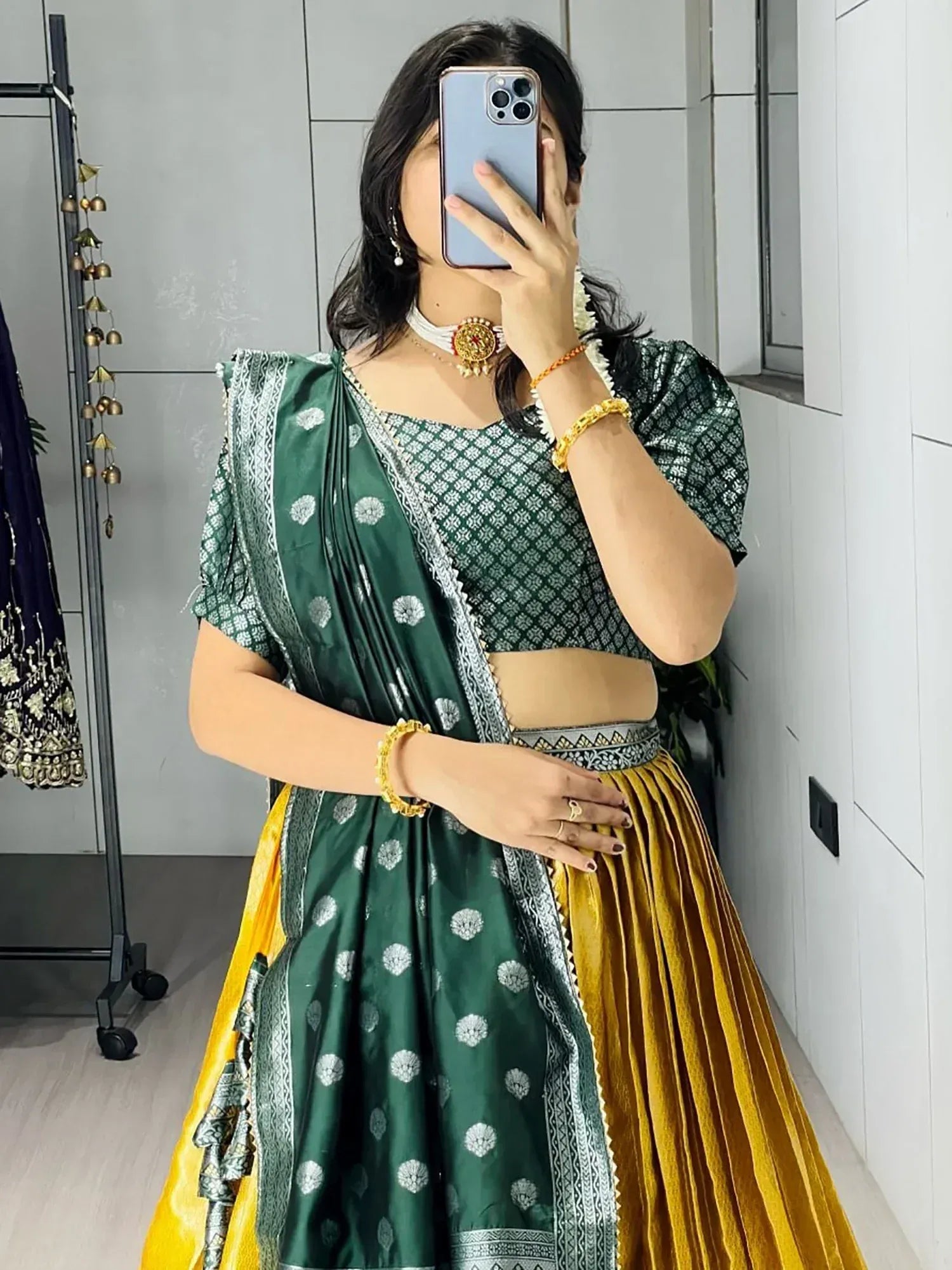 Stylish Yellow And Green Zari Weaving Silk Haldi Wear Lehenga Choli