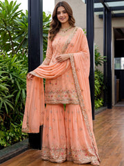 Fantastic Peach Embroidered Georgette Festival Wear Sharara Suitc