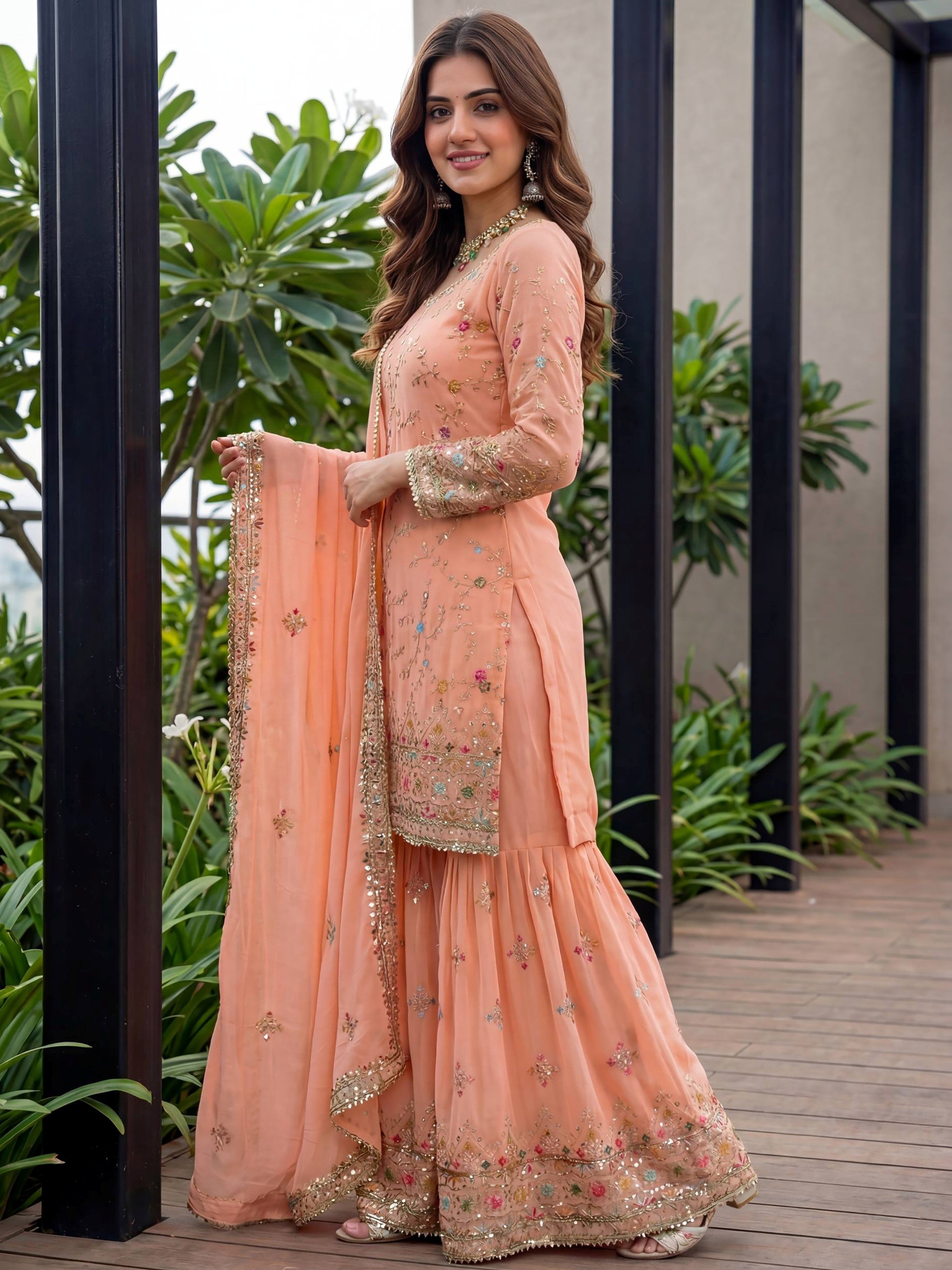 Fantastic Peach Embroidered Georgette Festival Wear Sharara Suit