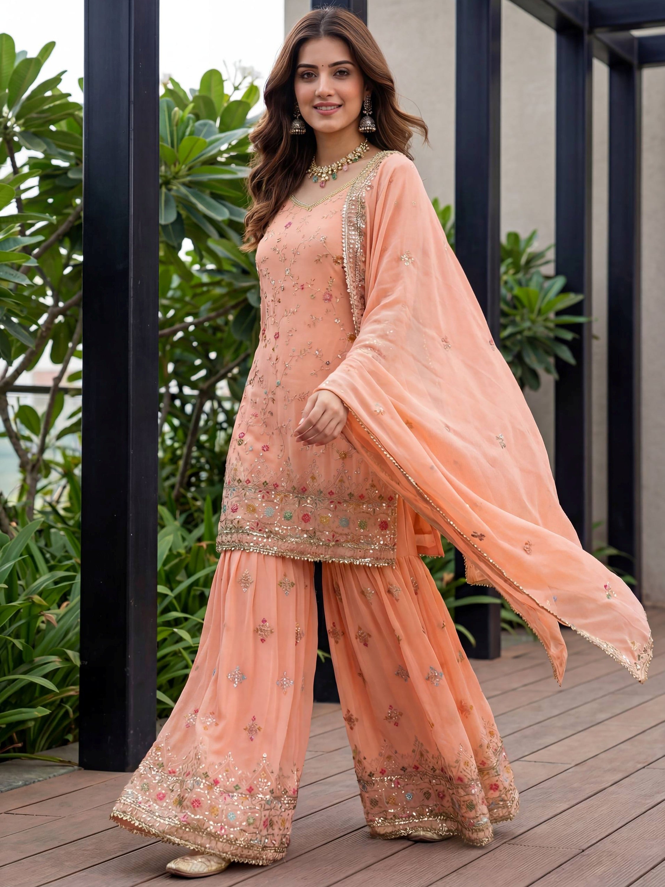 Fantastic Peach Embroidered Georgette Festival Wear Sharara Suit