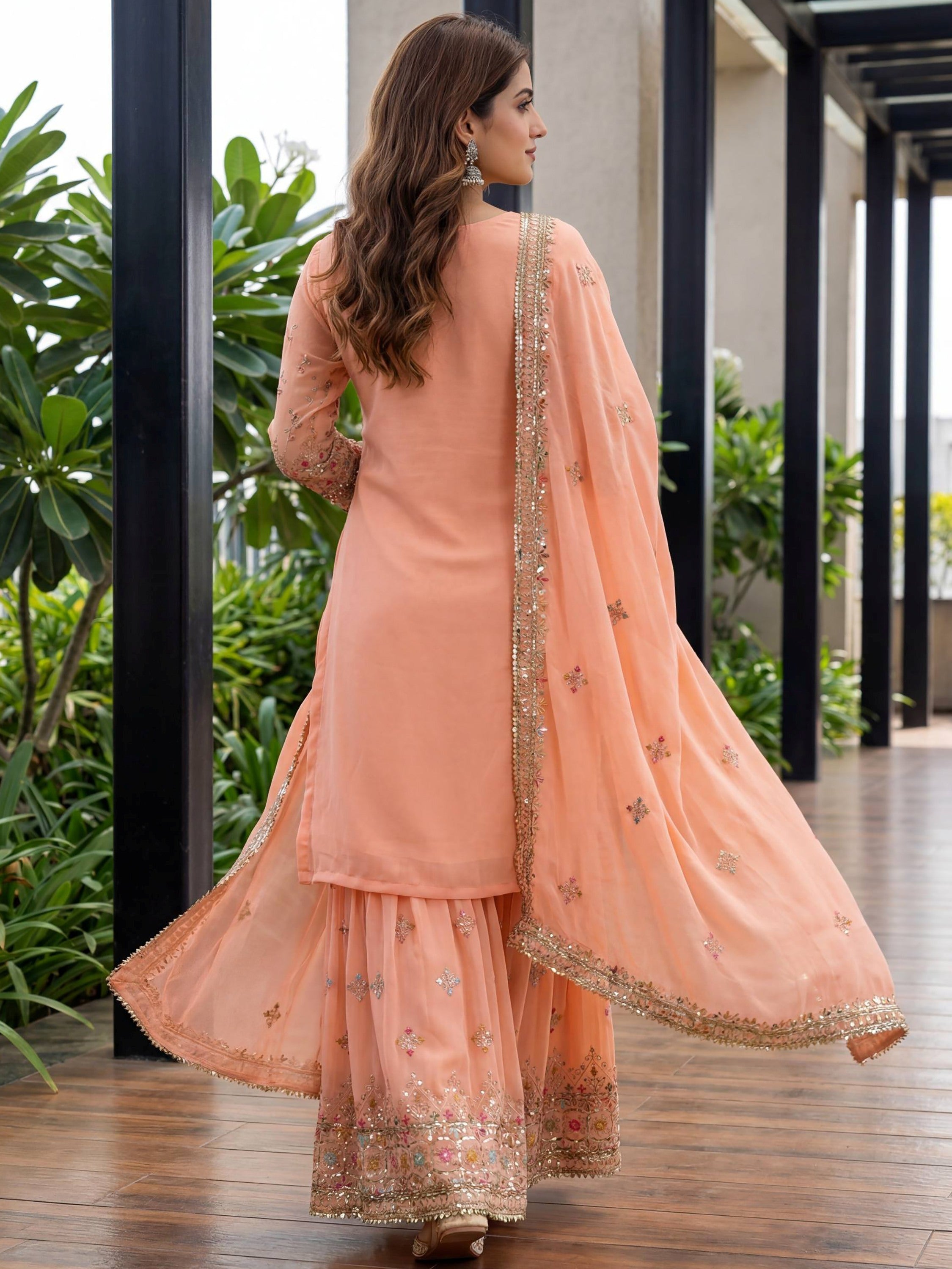 Fantastic Peach Embroidered Georgette Festival Wear Sharara Suit