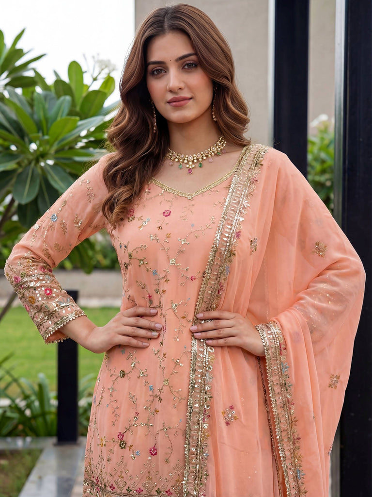 Fantastic Peach Embroidered Georgette Festival Wear Sharara Suit