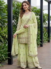 Fabulous Green Embroidered Georgette Function Wear Sharara Suit