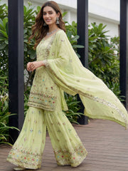 Fabulous Green Embroidered Georgette Function Wear Sharara Suit