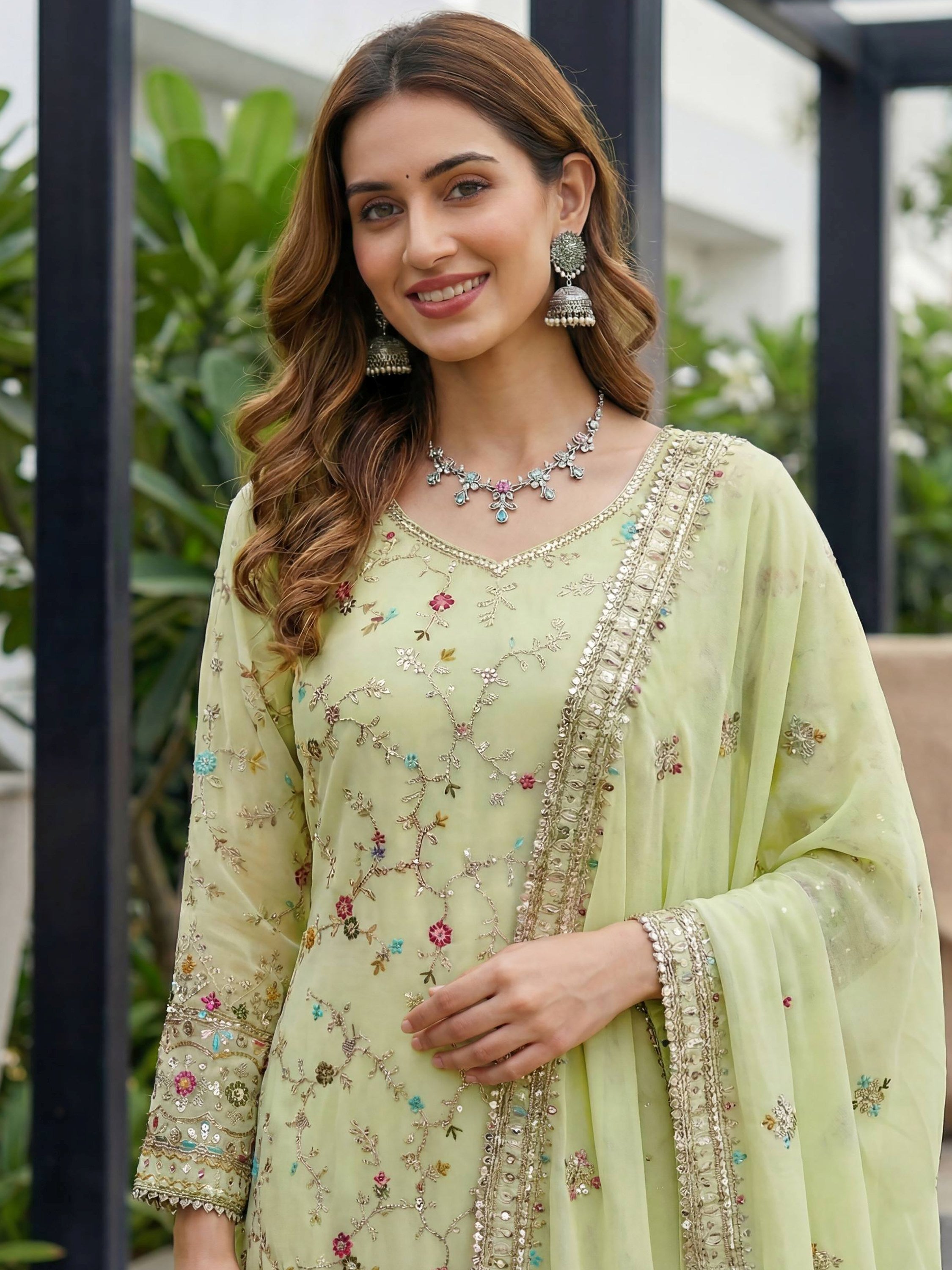 Fabulous Green Embroidered Georgette Function Wear Sharara Suit