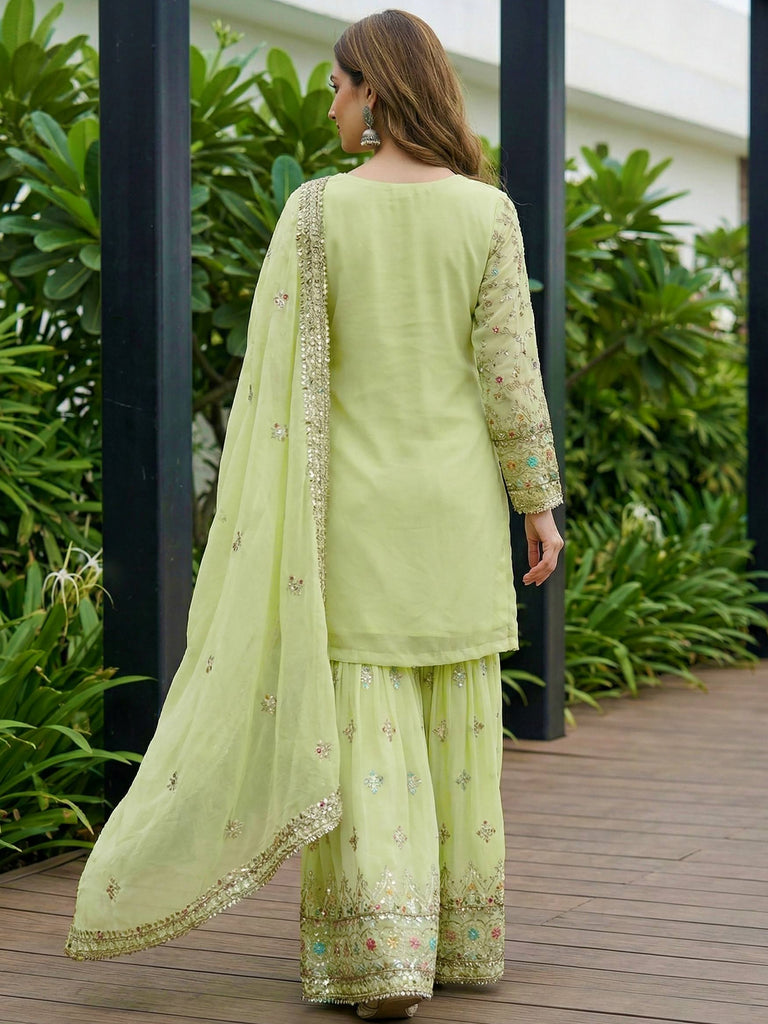 Fabulous Green Embroidered Georgette Function Wear Sharara Suit