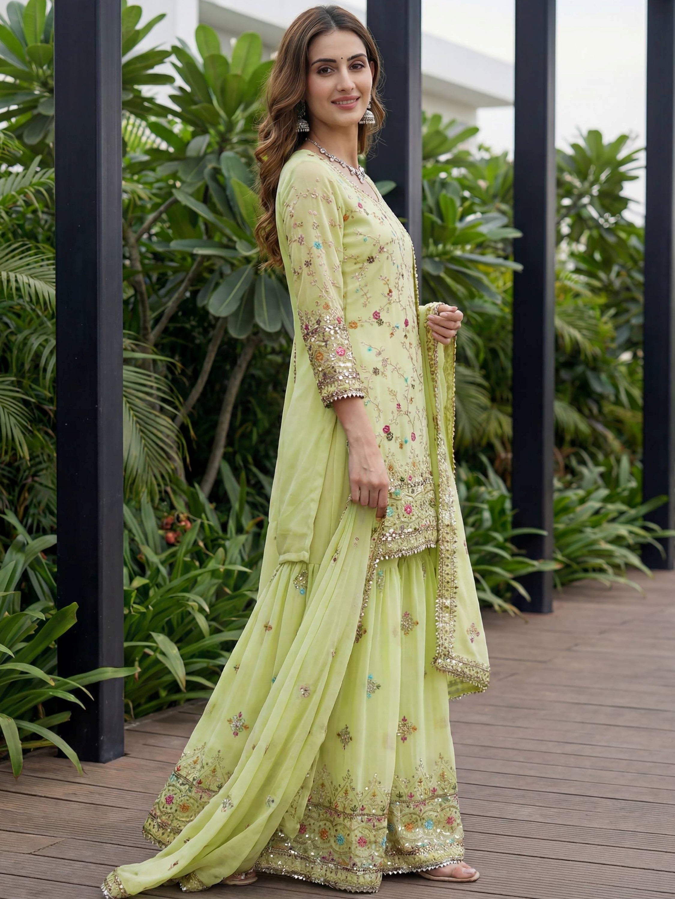 Fabulous Green Embroidered Georgette Function Wear Sharara Suit
