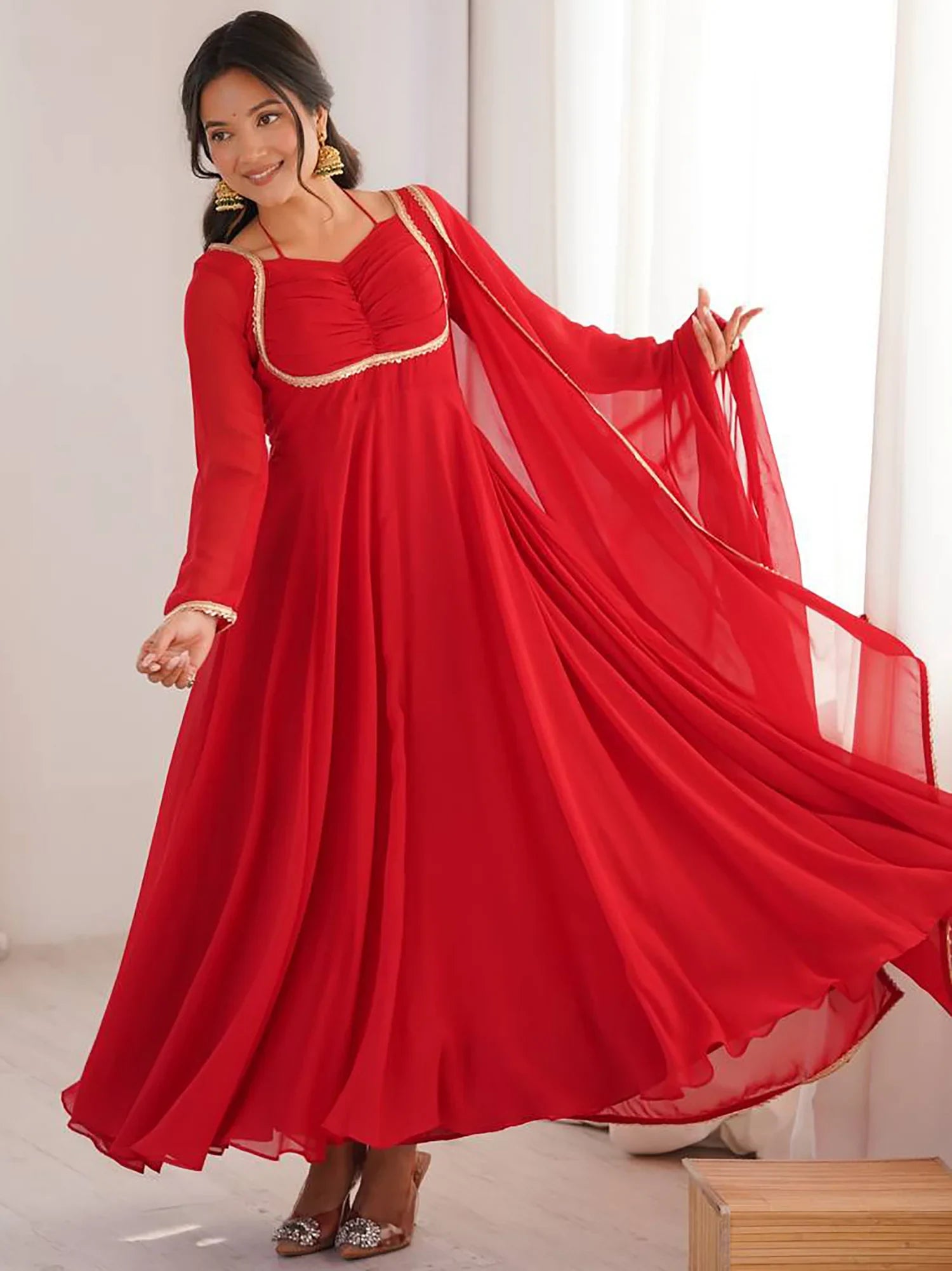 Dazzling Red Georgette Festival Wear Gown With Dupatta