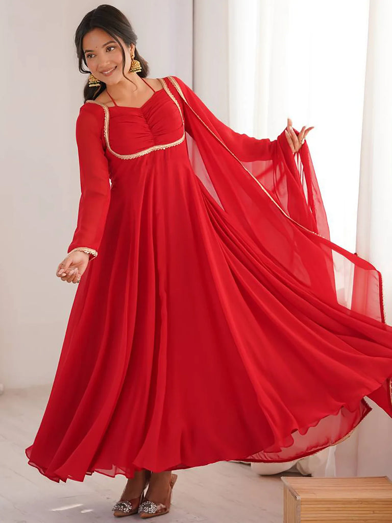 Dazzling Red Georgette Festival Wear Gown With Dupatta