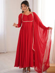 Dazzling Red Georgette Festival Wear Gown With Dupatta