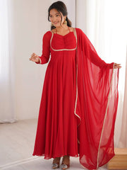 Dazzling Red Georgette Festival Wear Gown With Dupatta