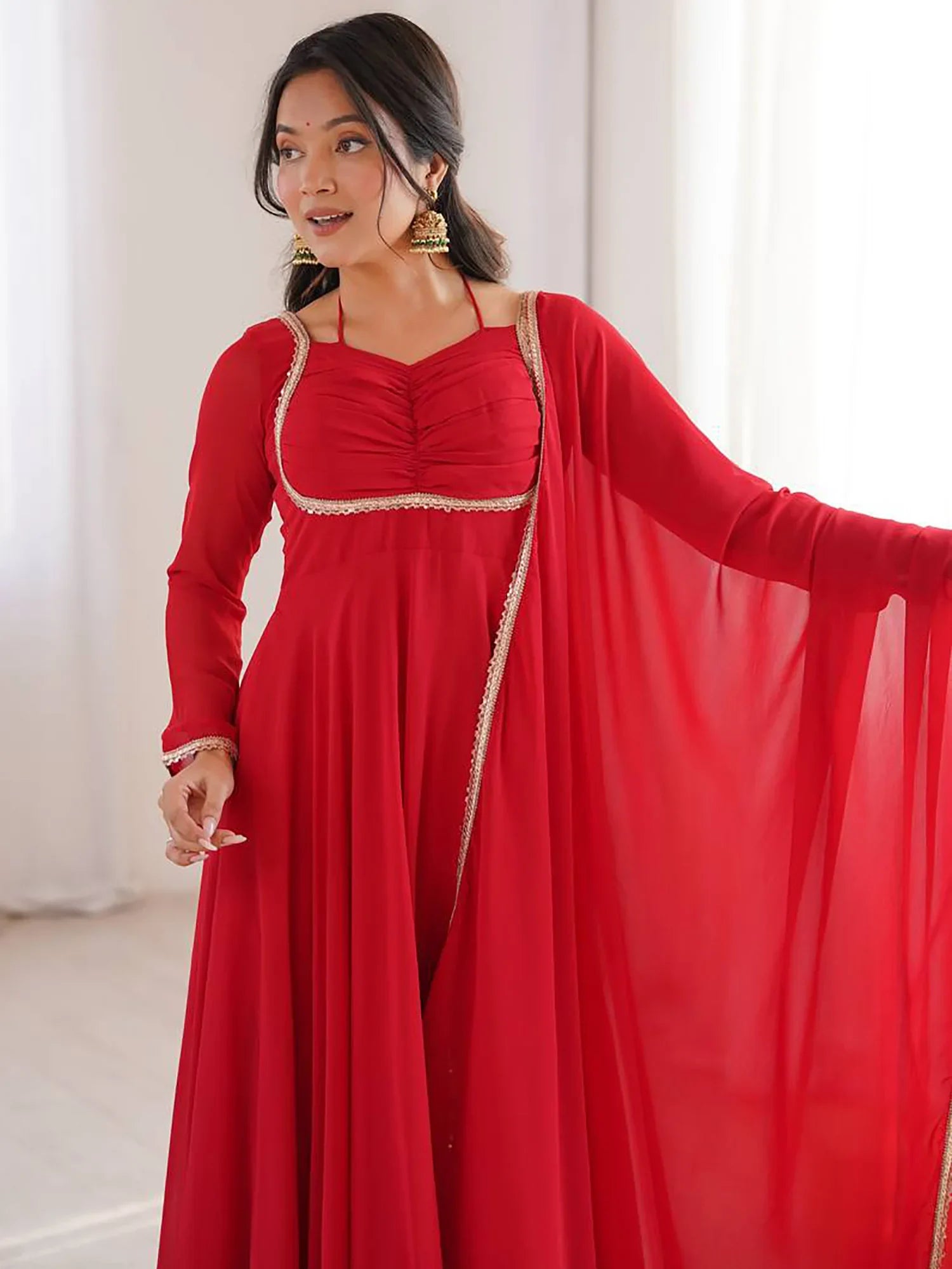 Dazzling Red Georgette Festival Wear Gown With Dupatta