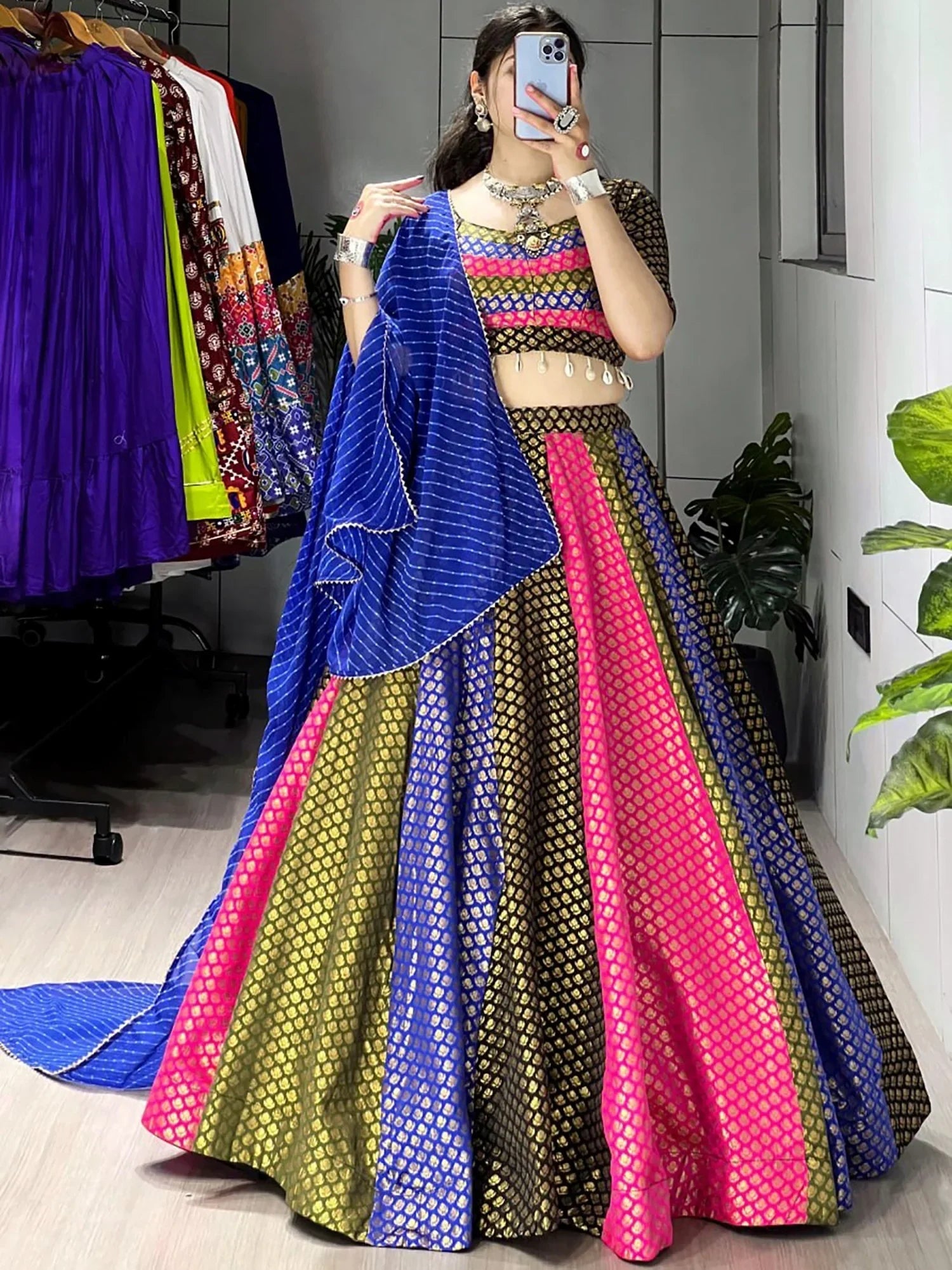 Stunning Multi-Colour Butti Work Silk Traditional Lehenga Choli