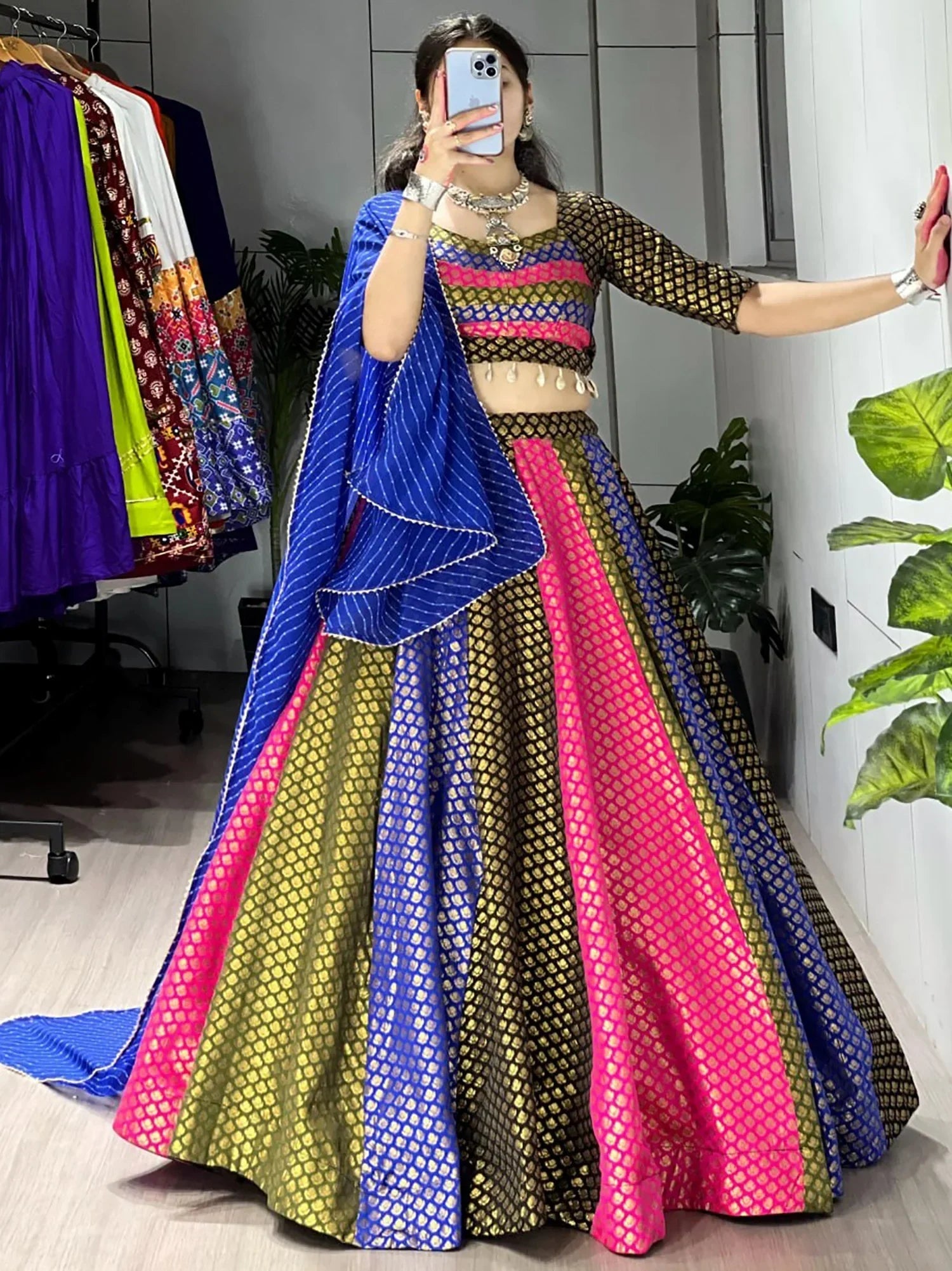 Stunning Multi-Colour Butti Work Silk Traditional Lehenga Choli
