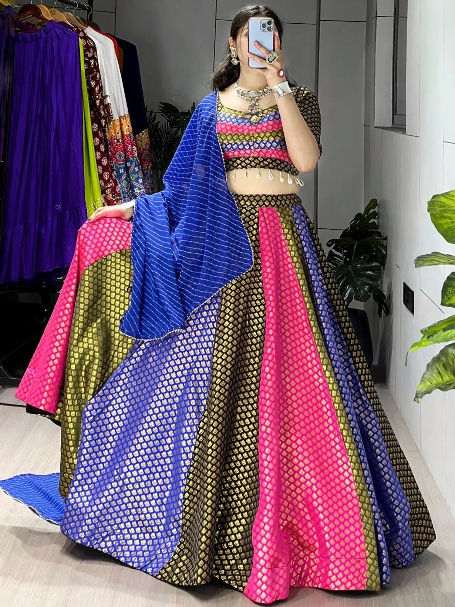 Stunning Multi-Colour Butti Work Silk Traditional Lehenga Choli