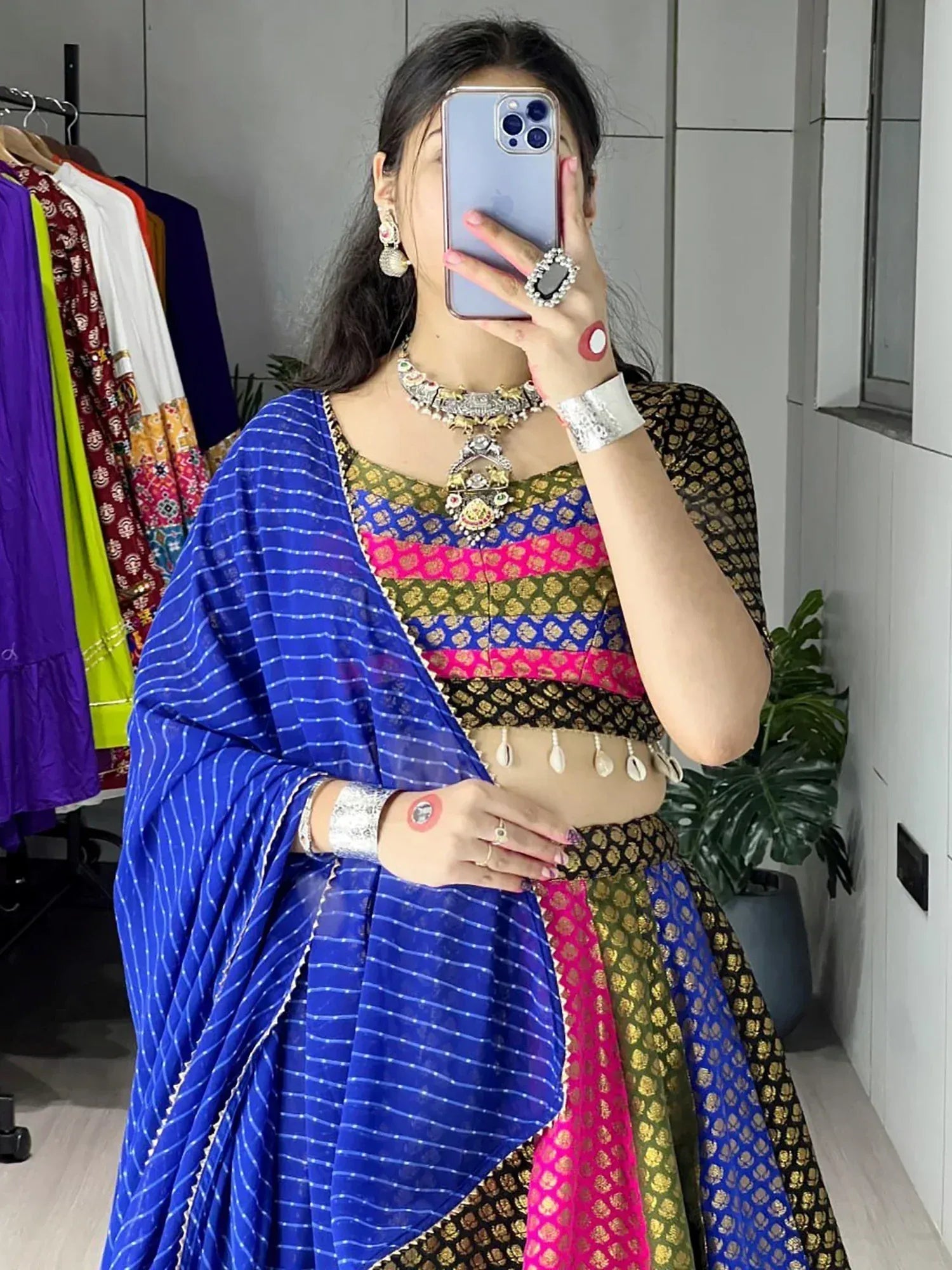 Stunning Multi-Colour Butti Work Silk Traditional Lehenga Choli