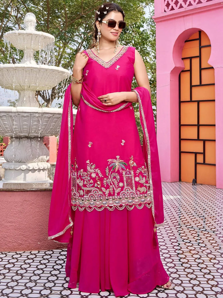 Awesome Pink Embroidered Georgette Wedding Wear Palazzo Suit