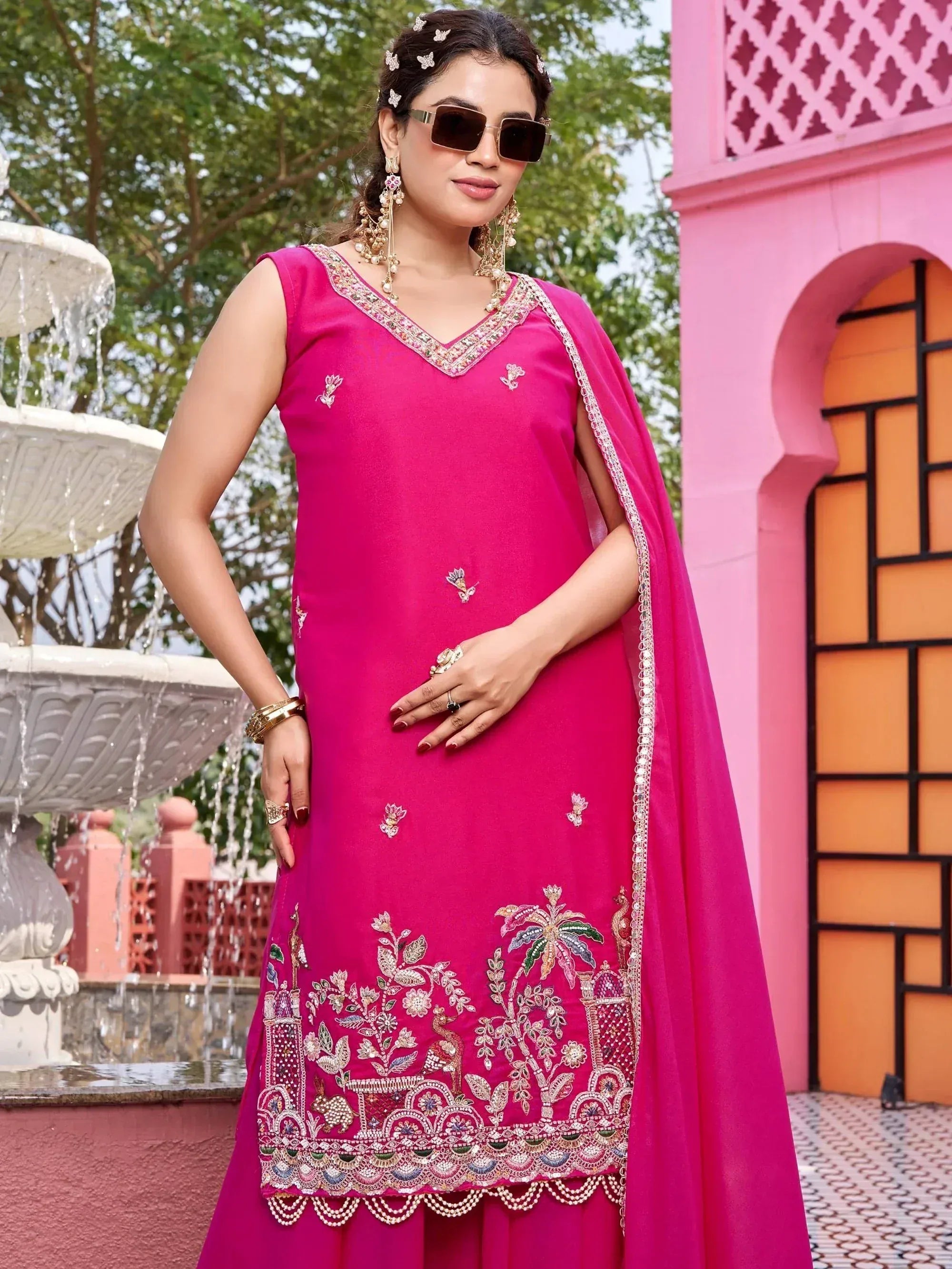Awesome Pink Embroidered Georgette Wedding Wear Palazzo Suit