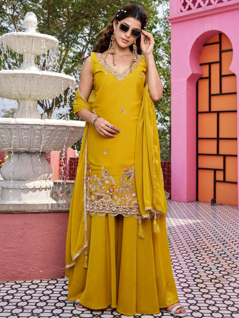 Attractive Yellow Embroidered Georgette Function Wear Palazzo Suit