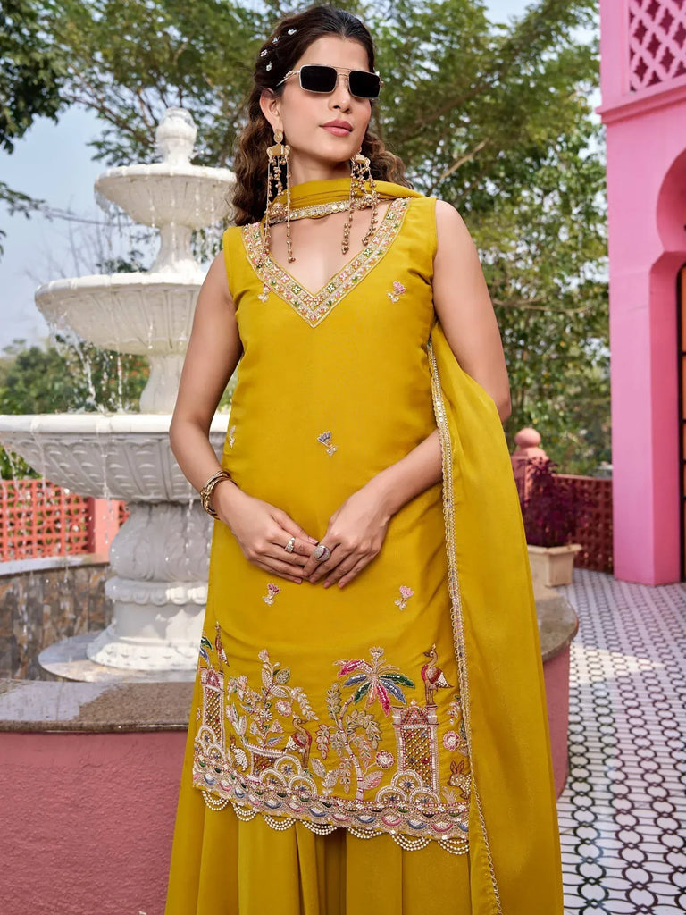 Attractive Yellow Embroidered Georgette Function Wear Palazzo Suit
