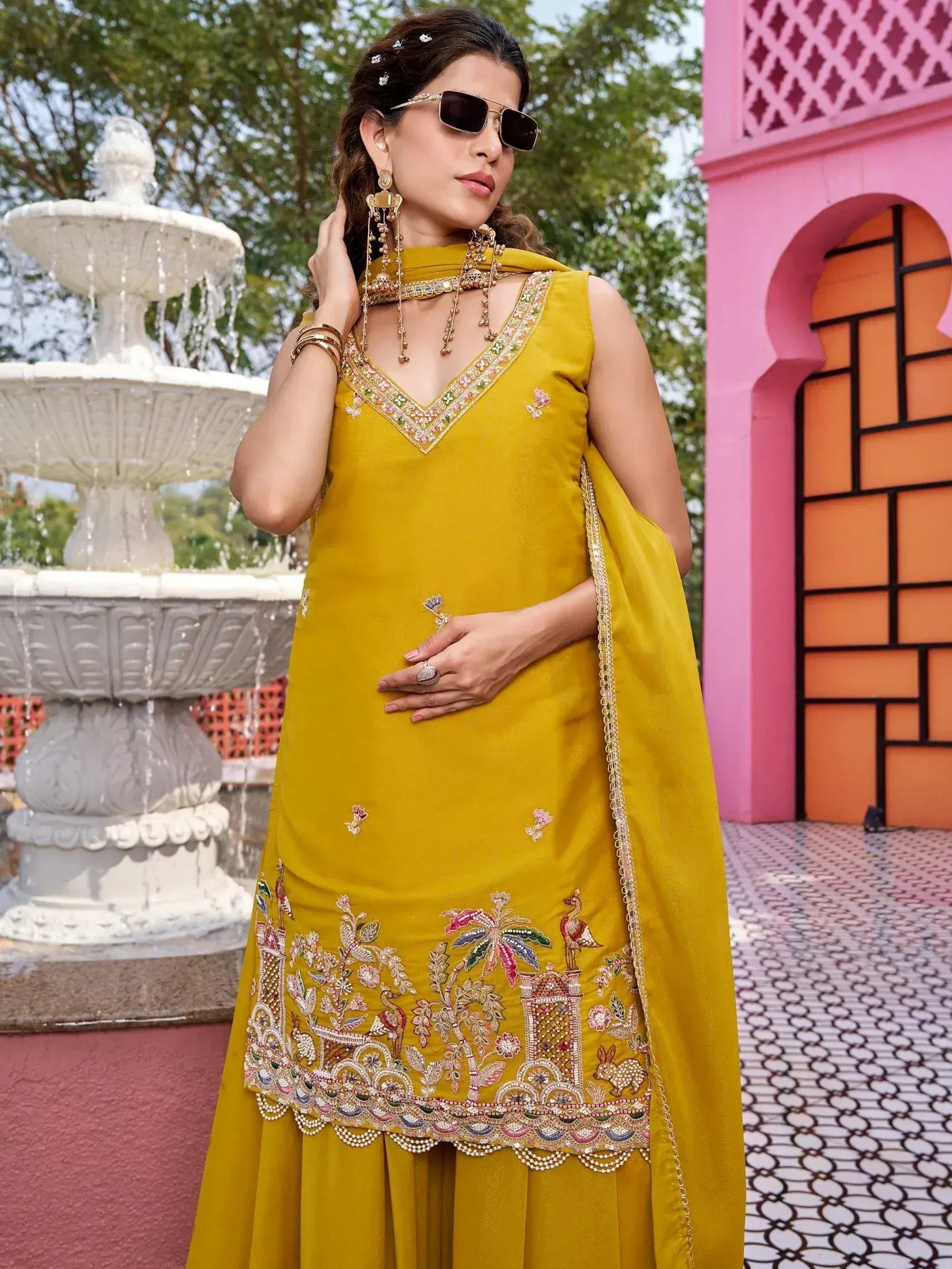 Attractive Yellow Embroidered Georgette Function Wear Palazzo Suit