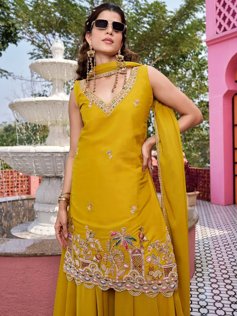 Attractive Yellow Embroidered Georgette Function Wear Palazzo Suit