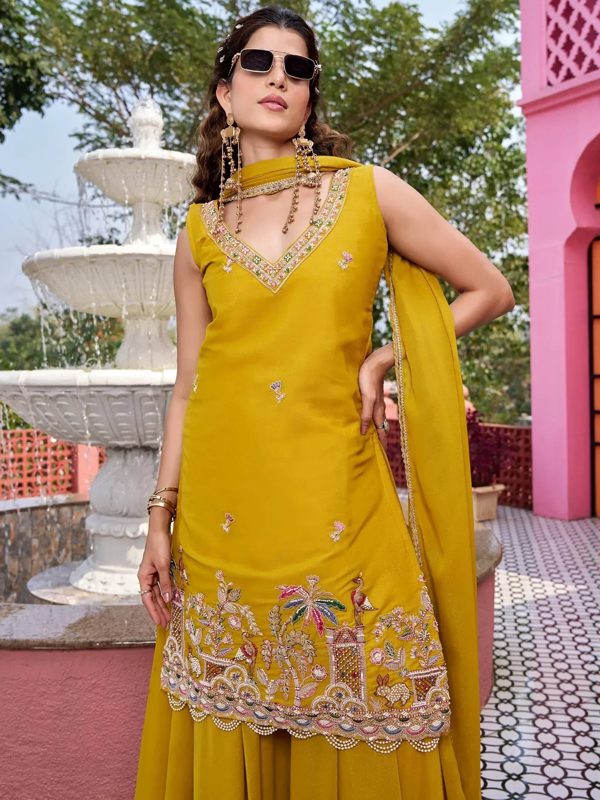 Attractive Yellow Embroidered Georgette Function Wear Palazzo Suit