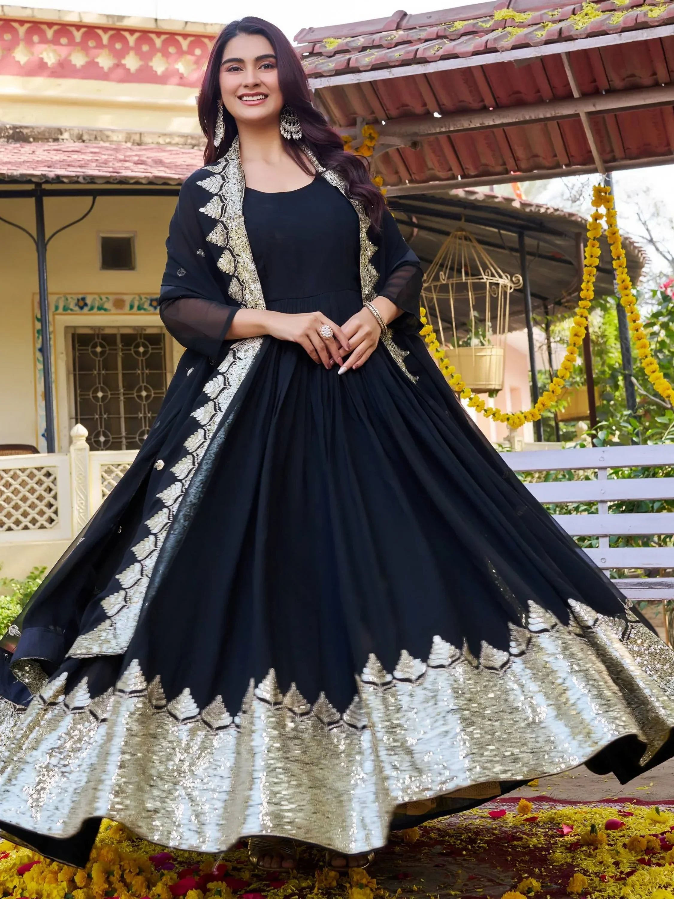 Wonderful Black Sequins Georgette Festival Wear Gown With Dupatta