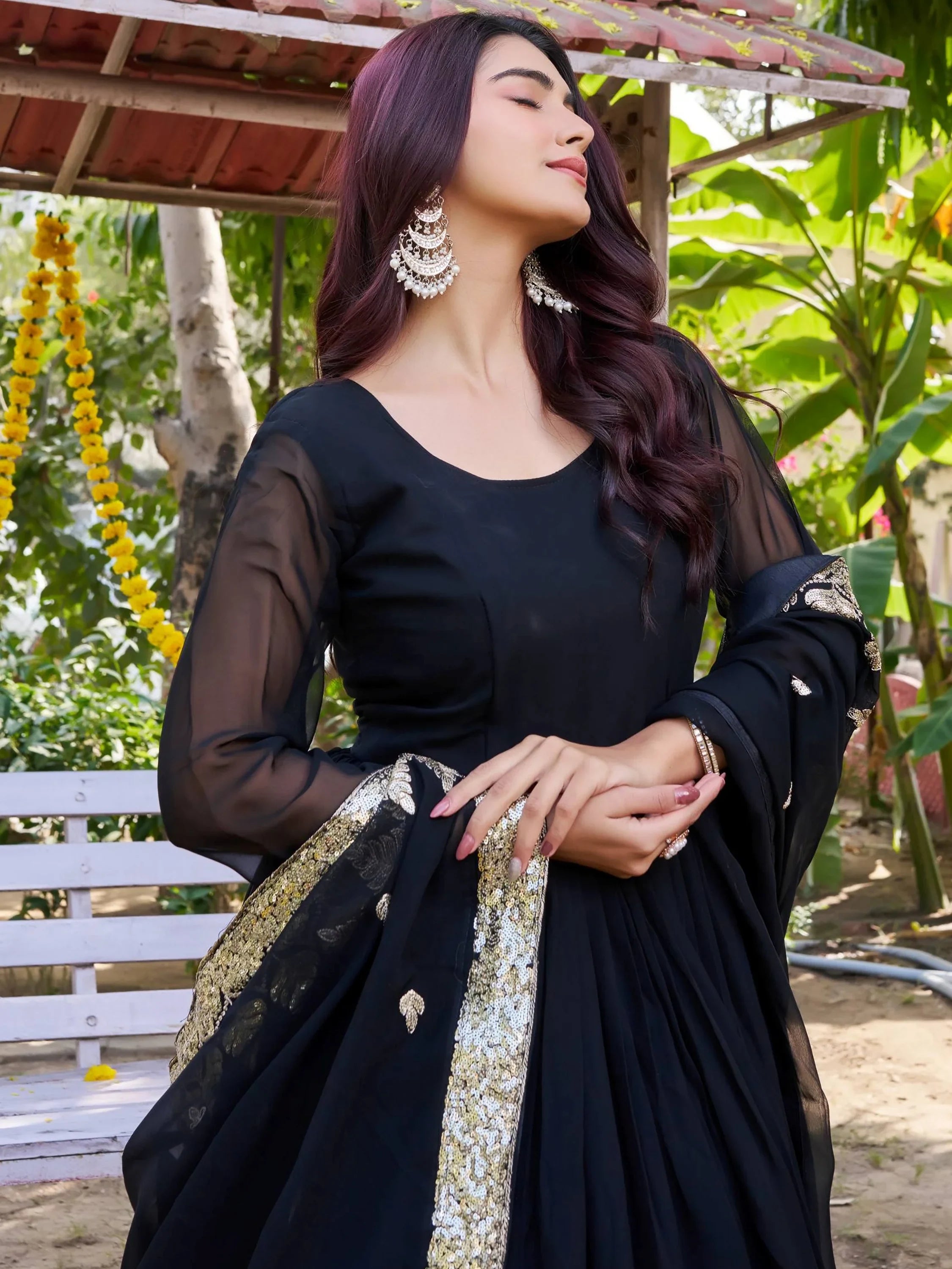 Wonderful Black Sequins Georgette Festival Wear Gown With Dupatta