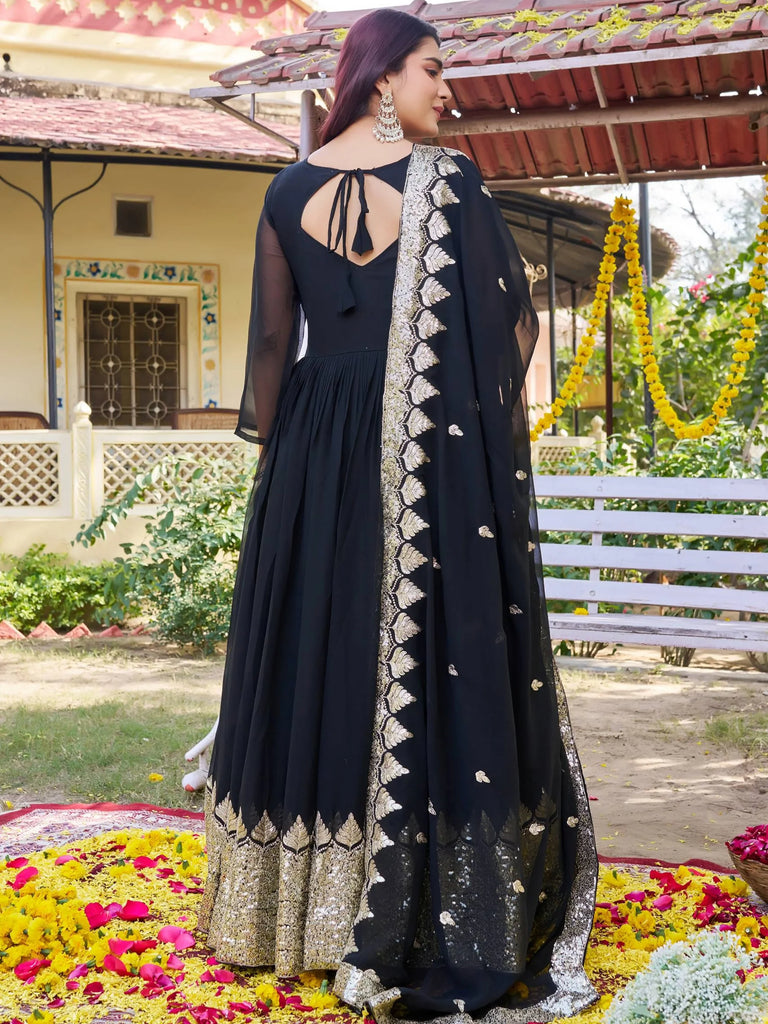 Wonderful Black Sequins Georgette Festival Wear Gown With Dupatta