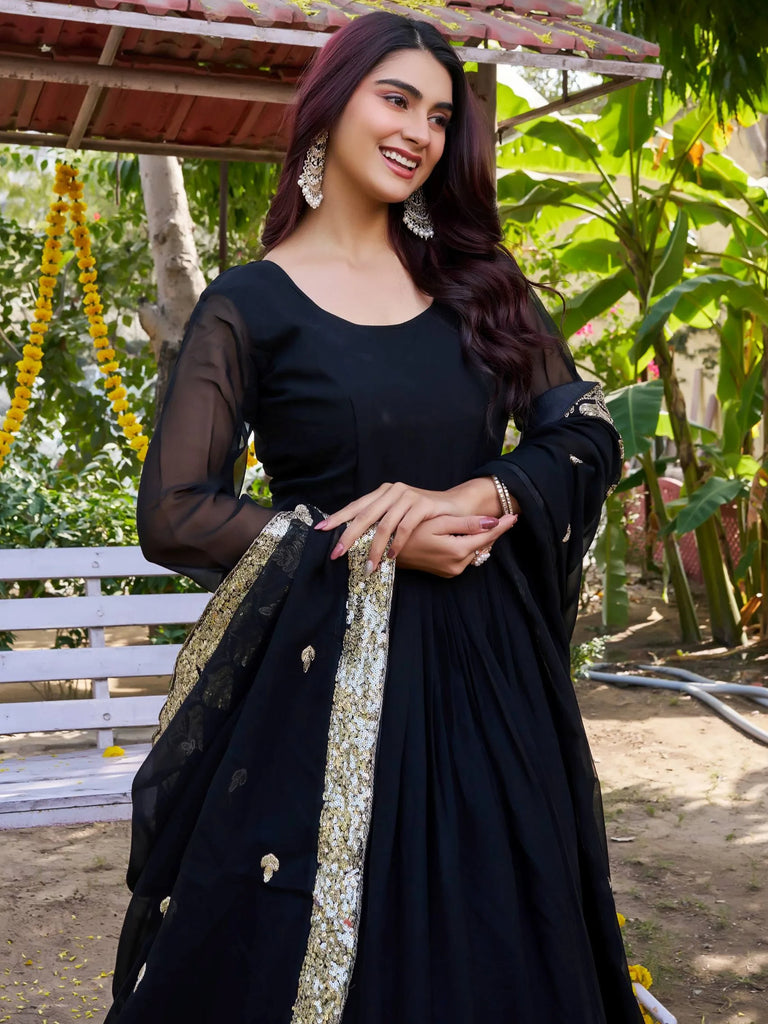 Wonderful Black Sequins Georgette Festival Wear Gown With Dupatta