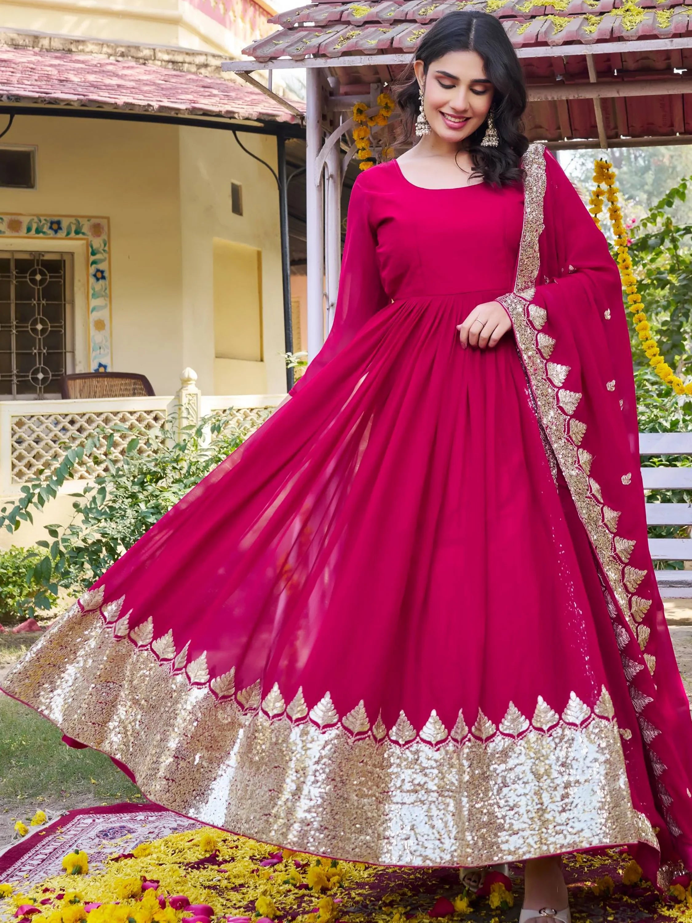 Incredible Pink Sequins Georgette Function Wear Gown With Dupatta