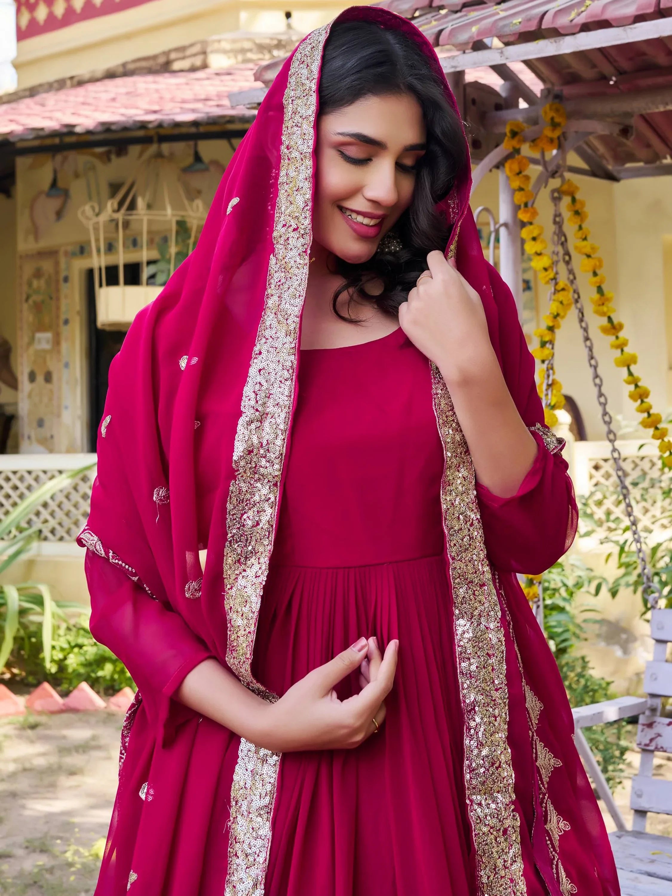 Incredible Pink Sequins Georgette Function Wear Gown With Dupatta