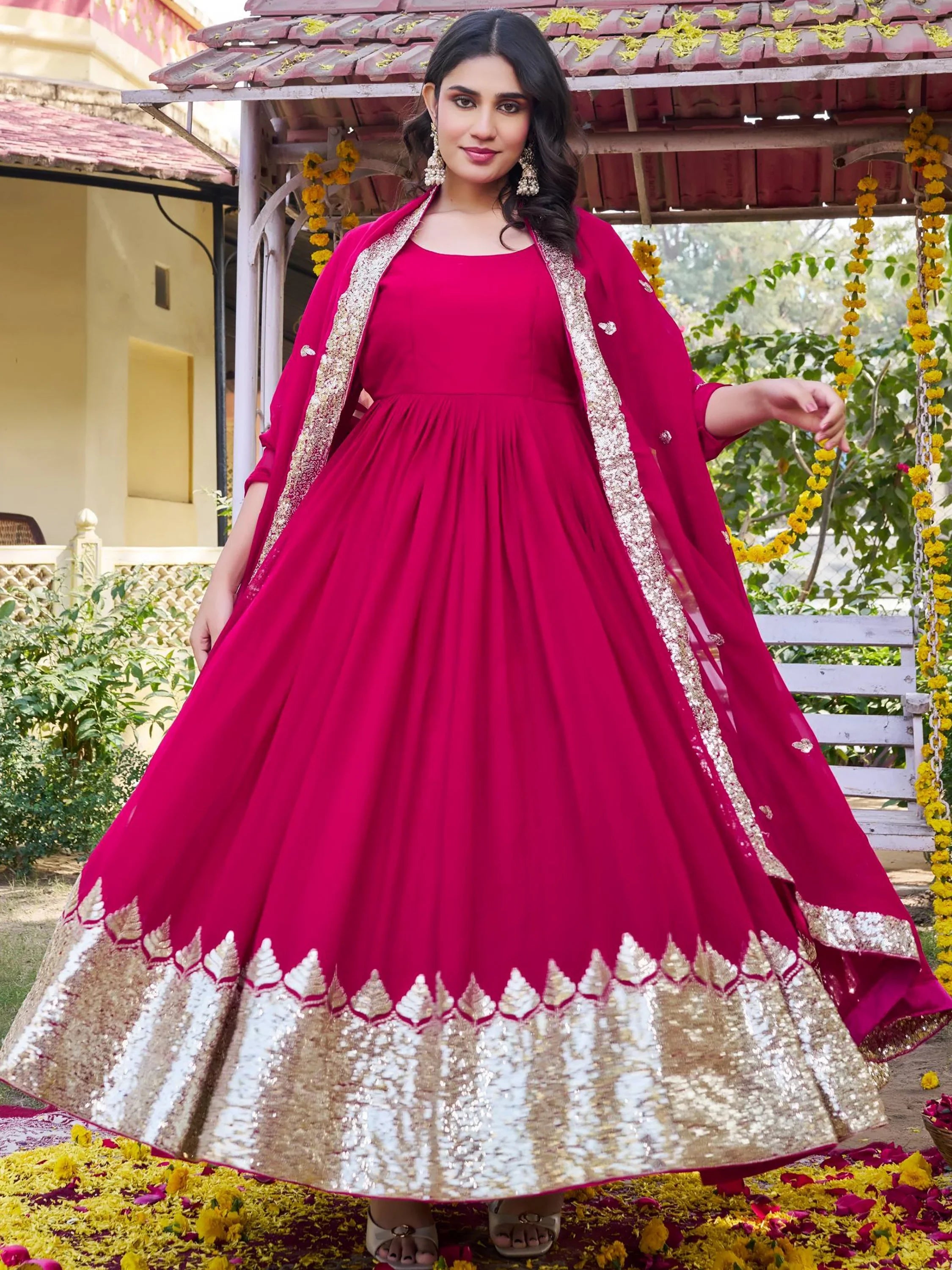 Incredible Pink Sequins Georgette Function Wear Gown With Dupatta