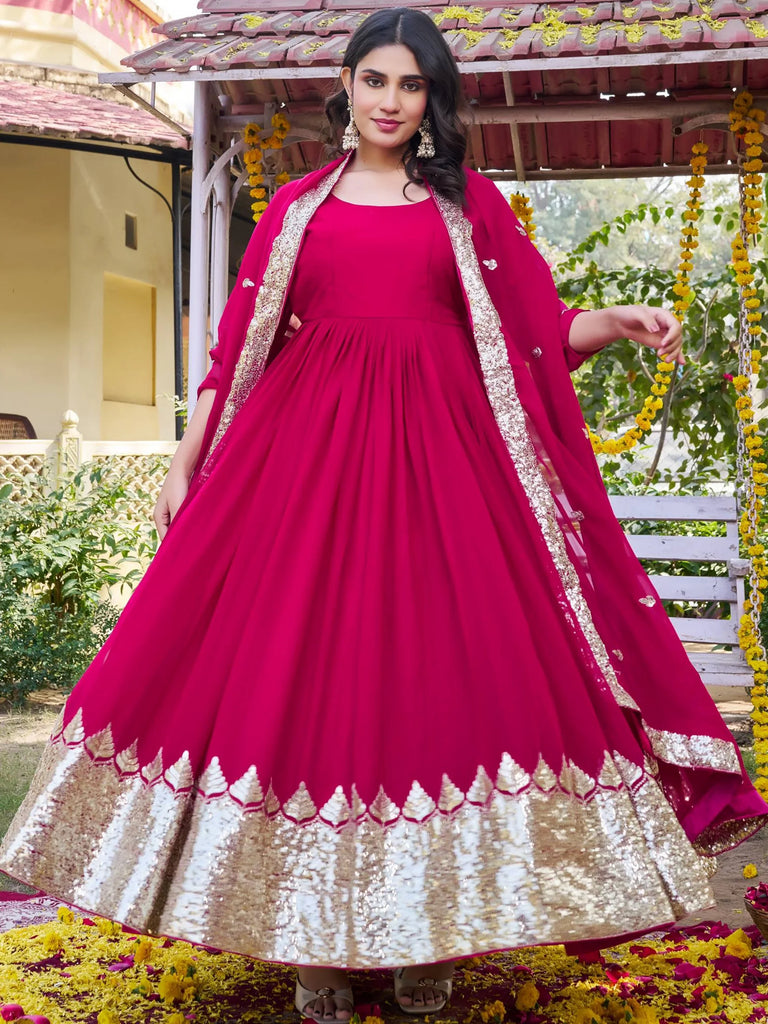 Incredible Pink Sequins Georgette Function Wear Gown With Dupatta