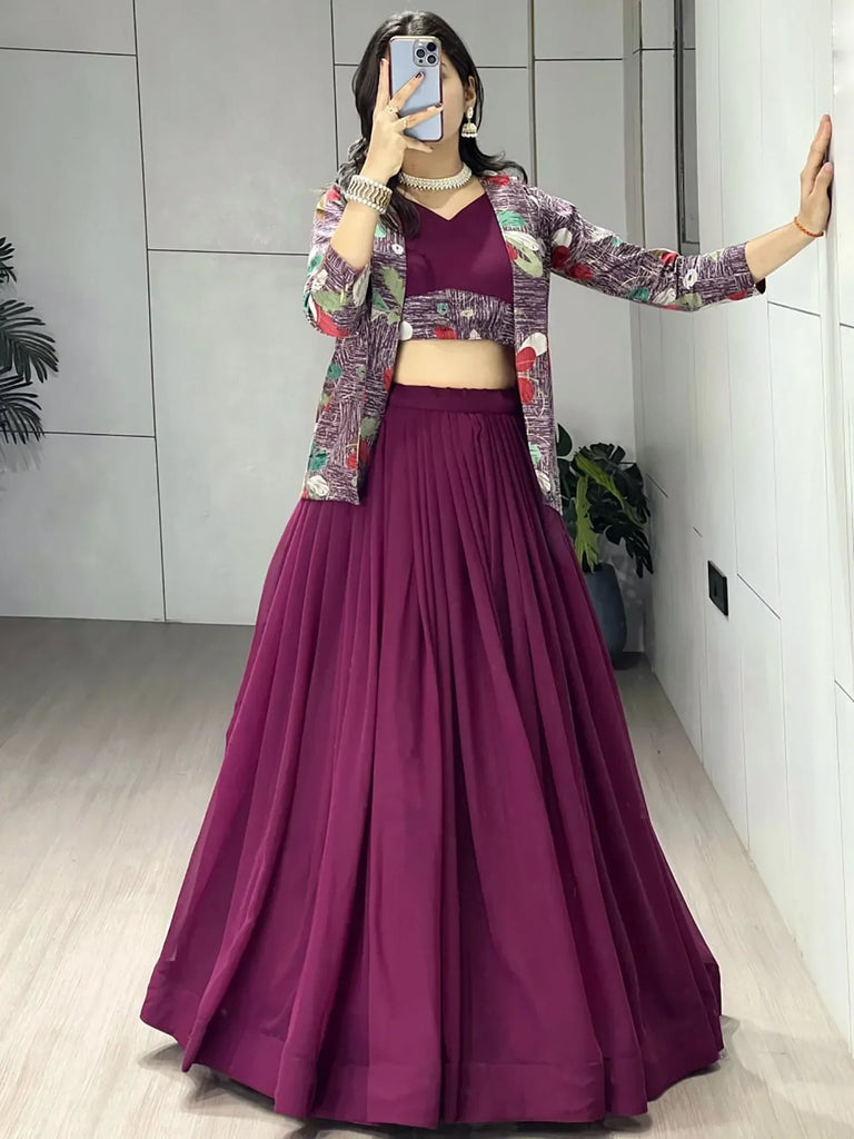 Classic Wine Printed Georgette Festive Wear Lehenga Choli With Koti