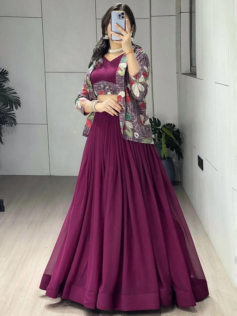 Classic Wine Printed Georgette Festive Wear Lehenga Choli With Koti