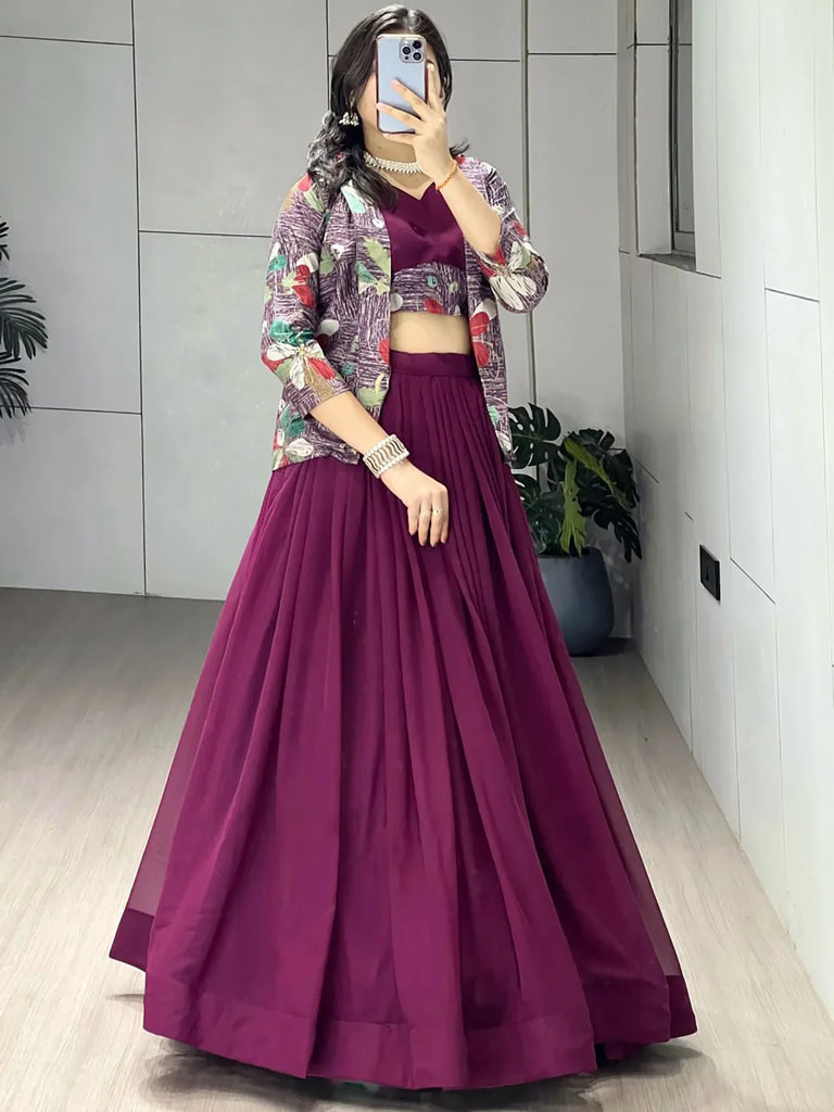 Classic Wine Printed Georgette Festive Wear Lehenga Choli With Koti