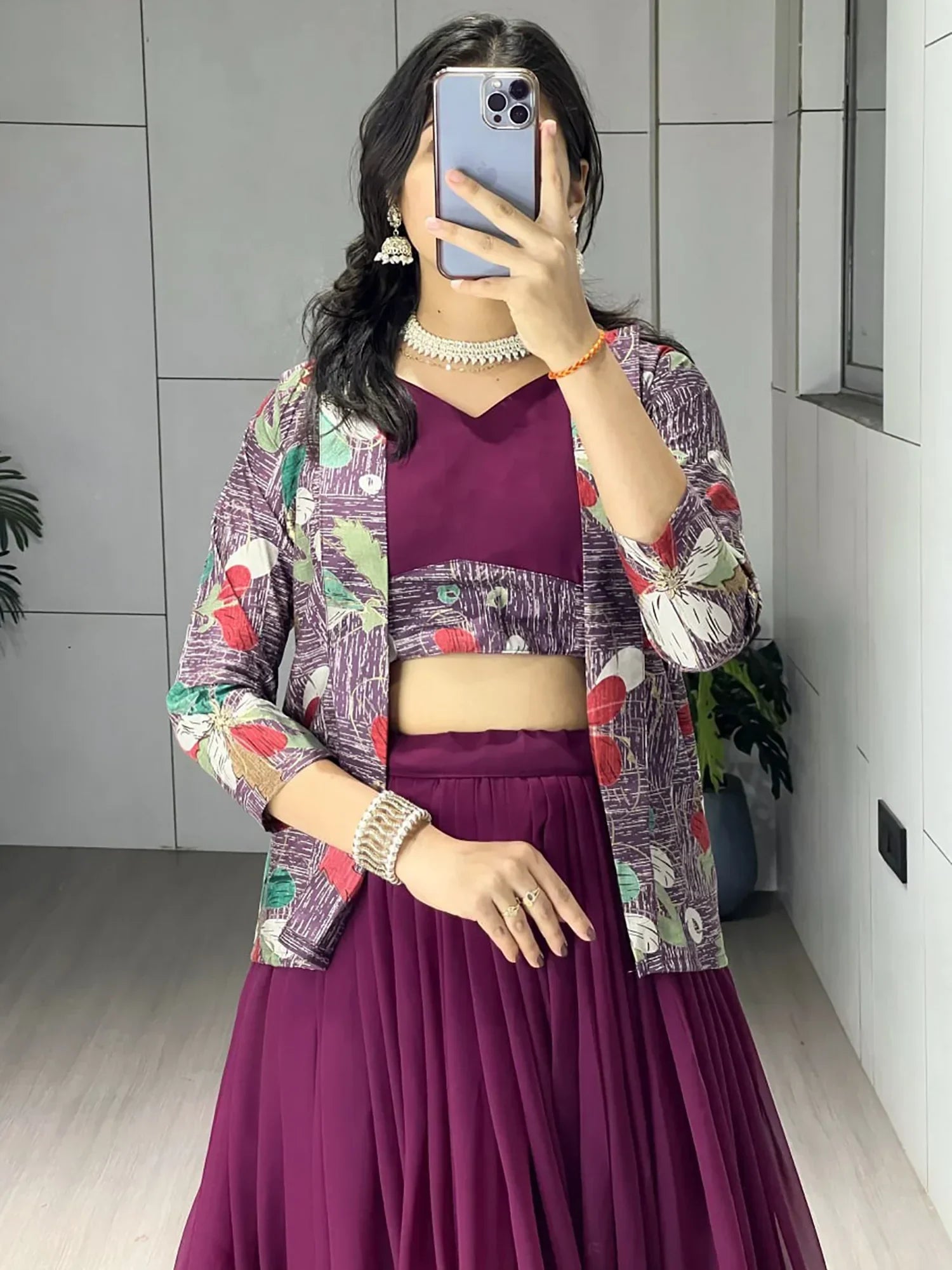 Classic Wine Printed Georgette Festive Wear Lehenga Choli With Koti