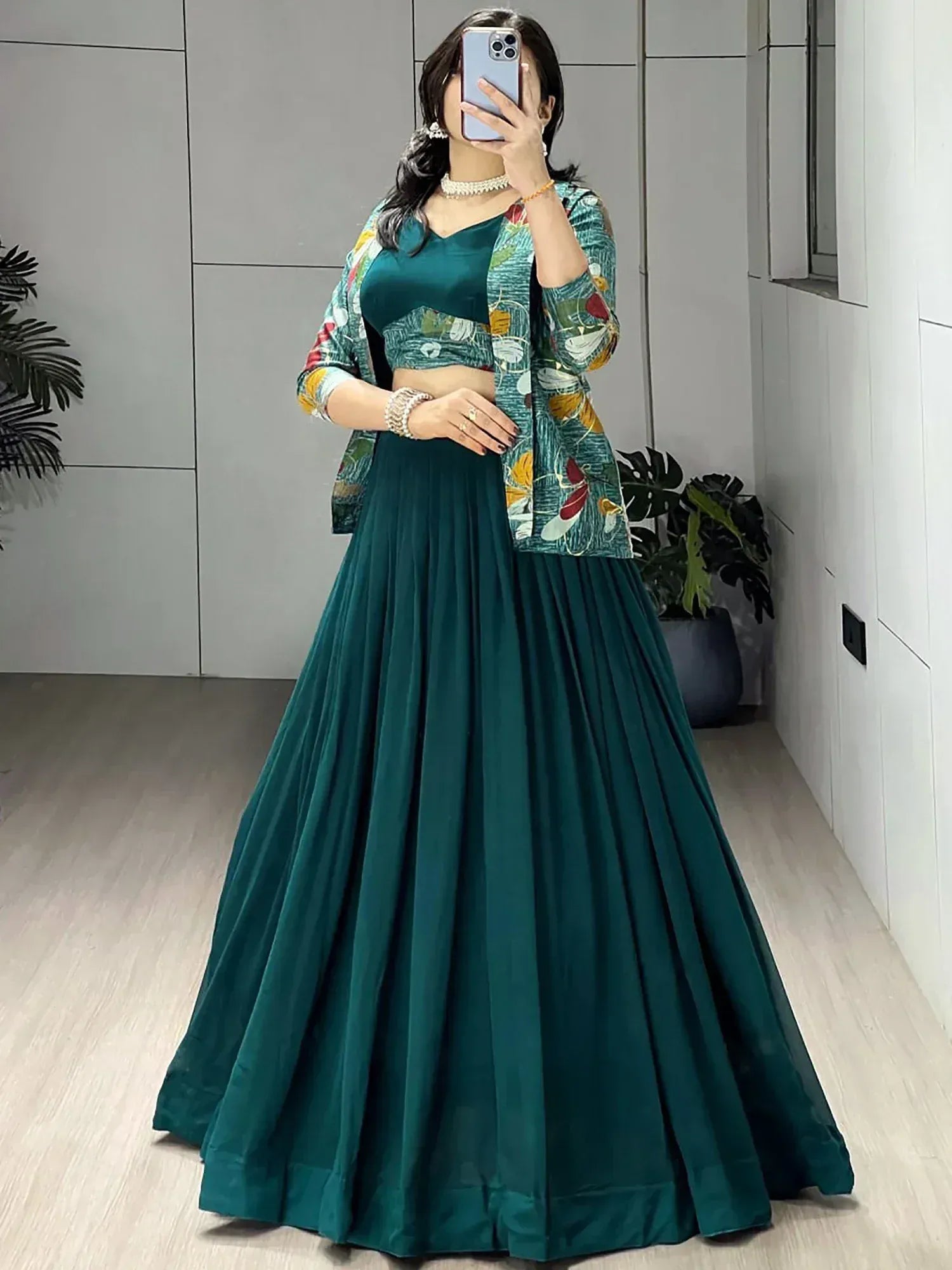 Alluring Green Printed Georgette Function Wear Lehenga Choli With Koti