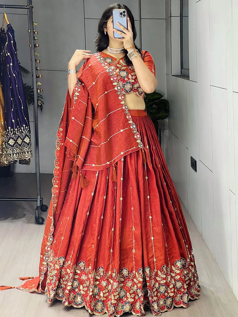 Graceful Orange Embroidered Silk Wedding Wear Lehenga Choli